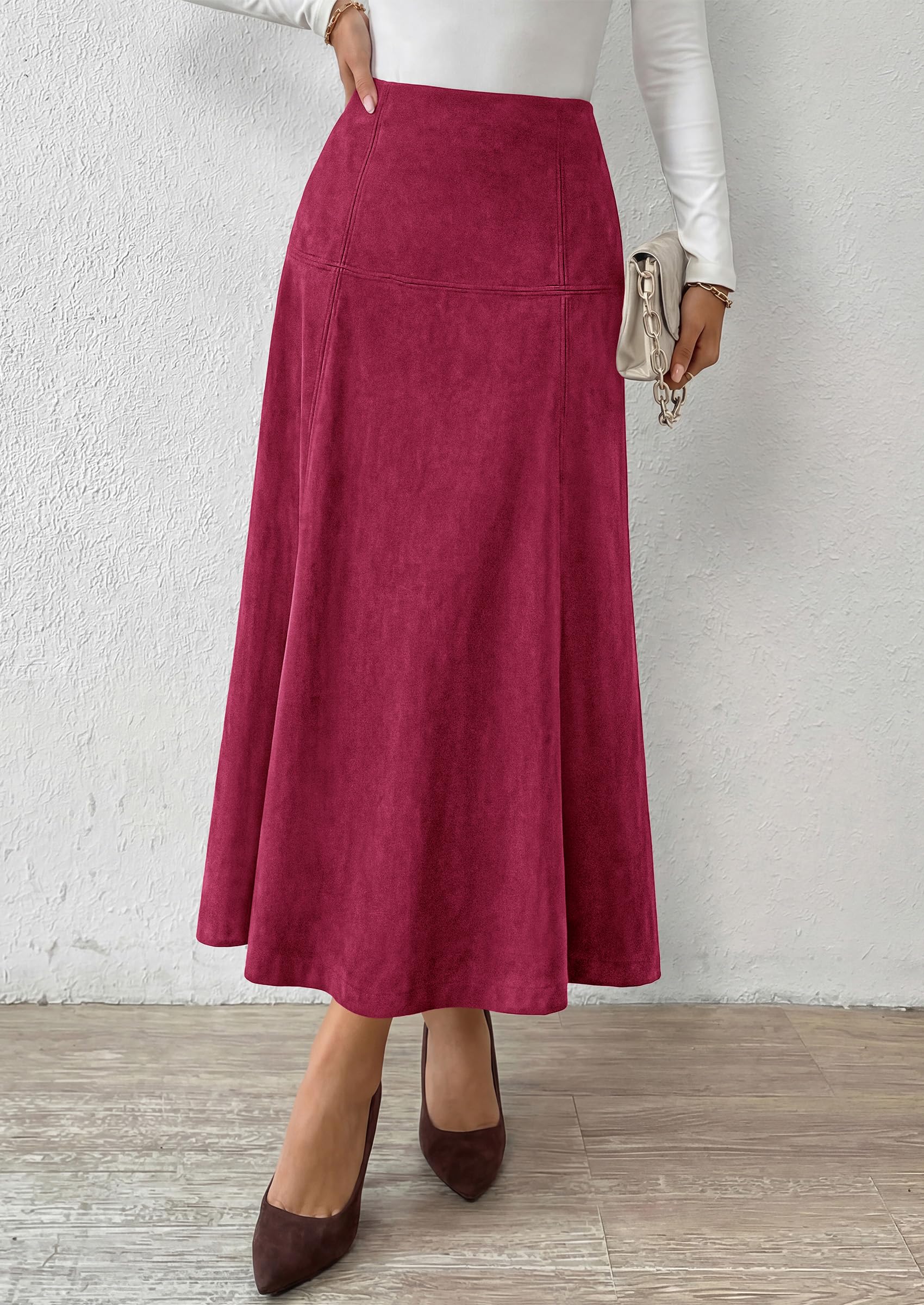 Womens High Waist Faux Suede A Line Midi Skirt,Wine Red,S