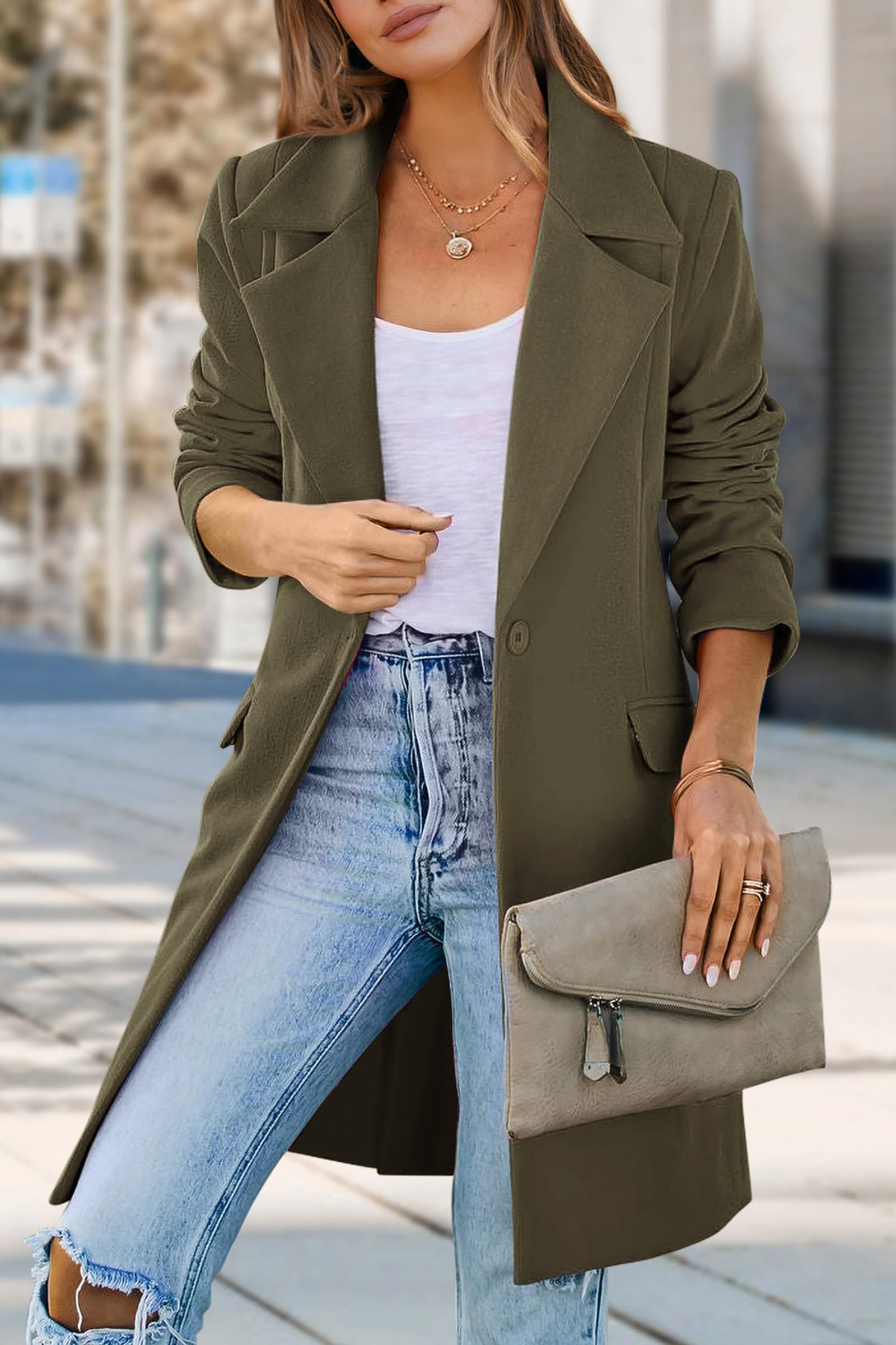 Women's Business Casual Long Blazer Jackets(Army Green,S)