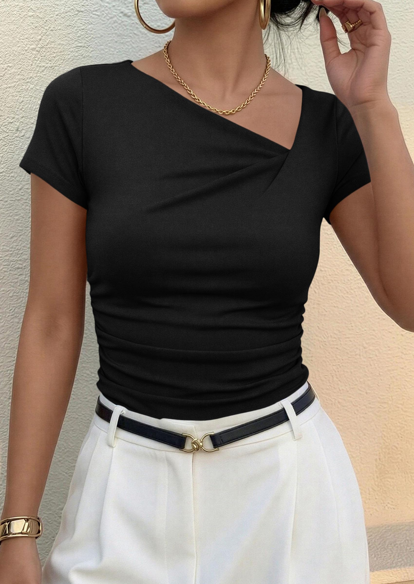 Women's Summer Trendy Asymmetrical Y2K Tops (Black,S)