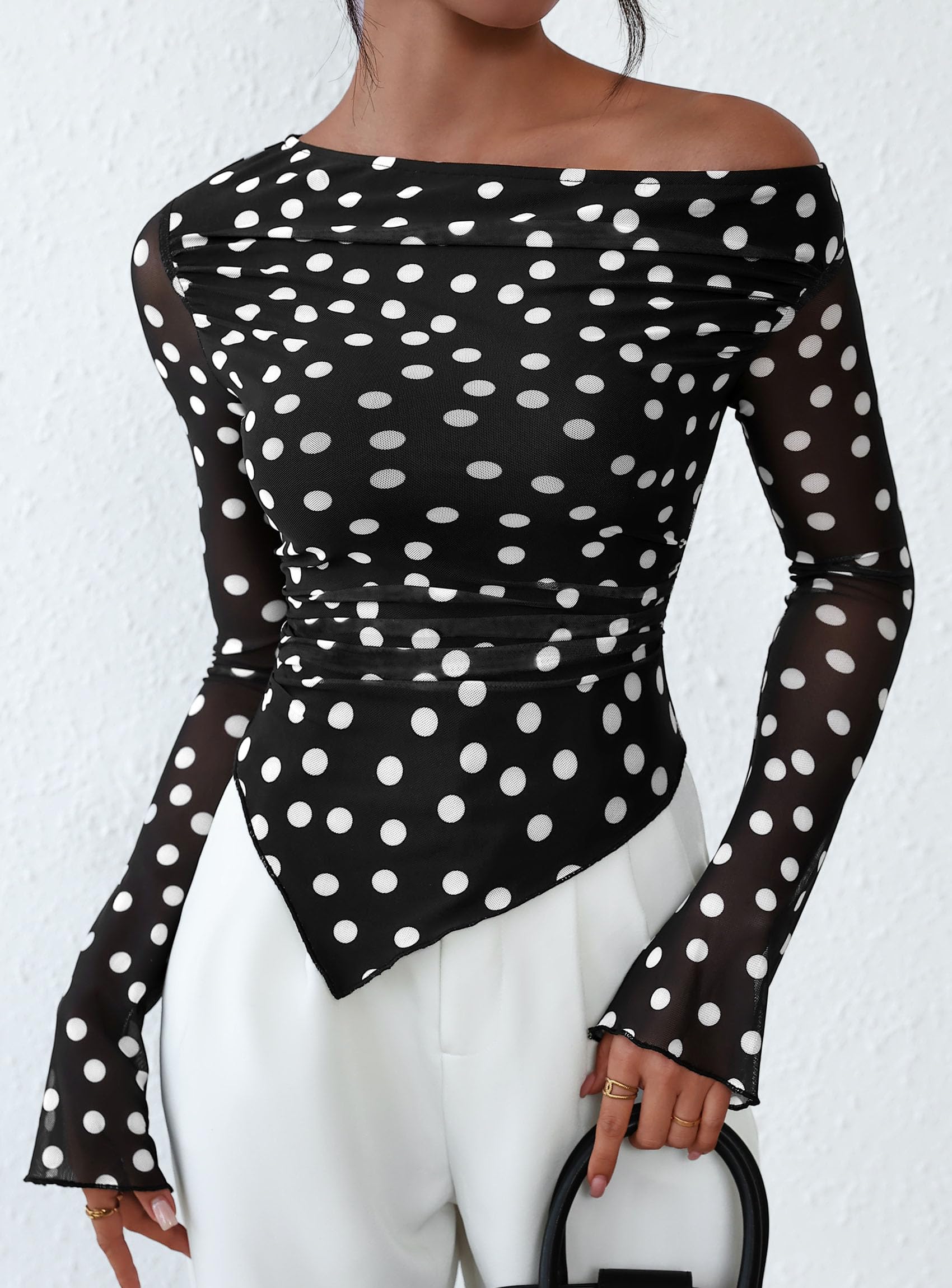 Womens Off Shoulder Mesh Y2k Tops,Small Dot Black,XS
