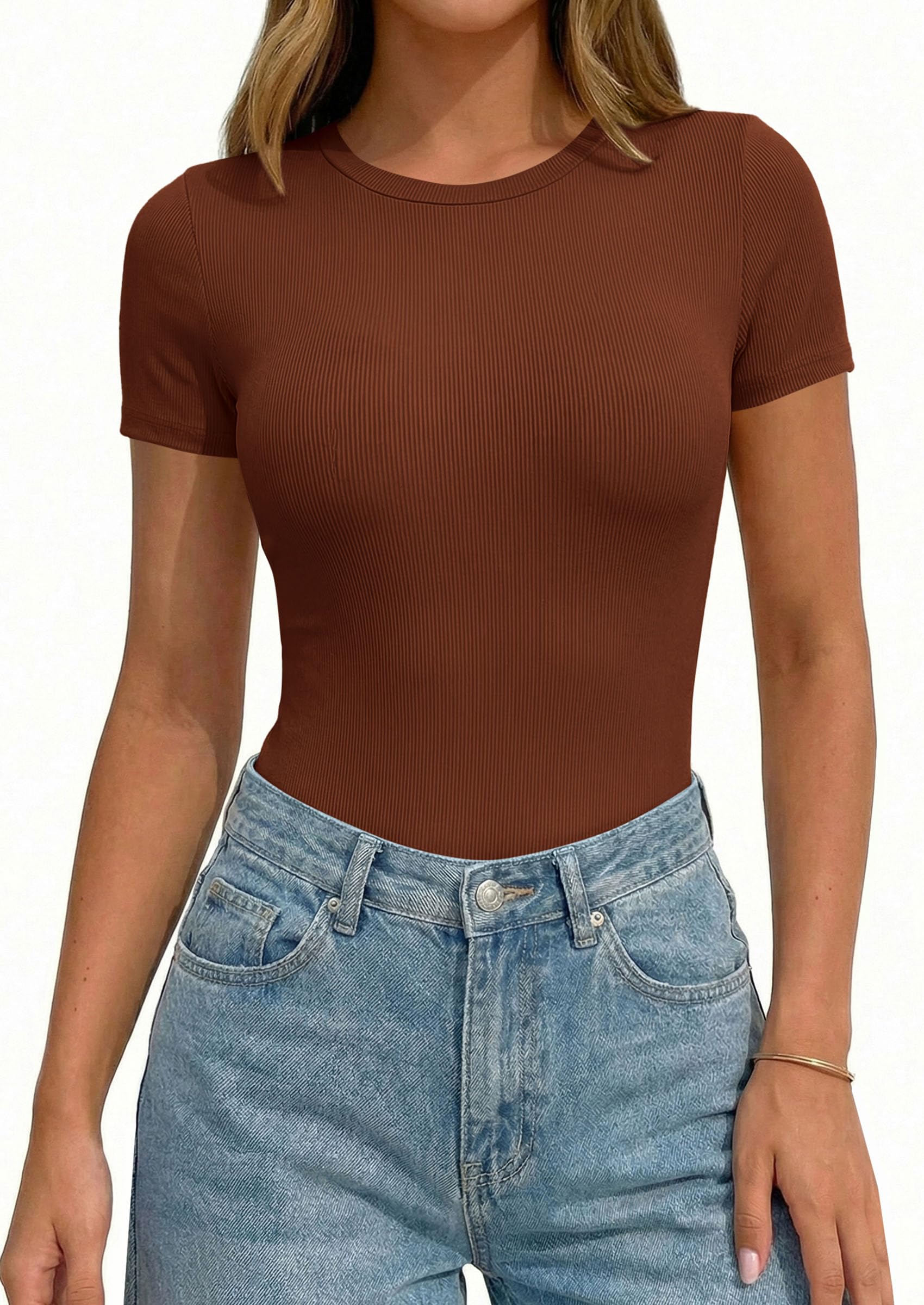 Body Suits for Womens Short Sleeve Summer Tops, Camel,XS
