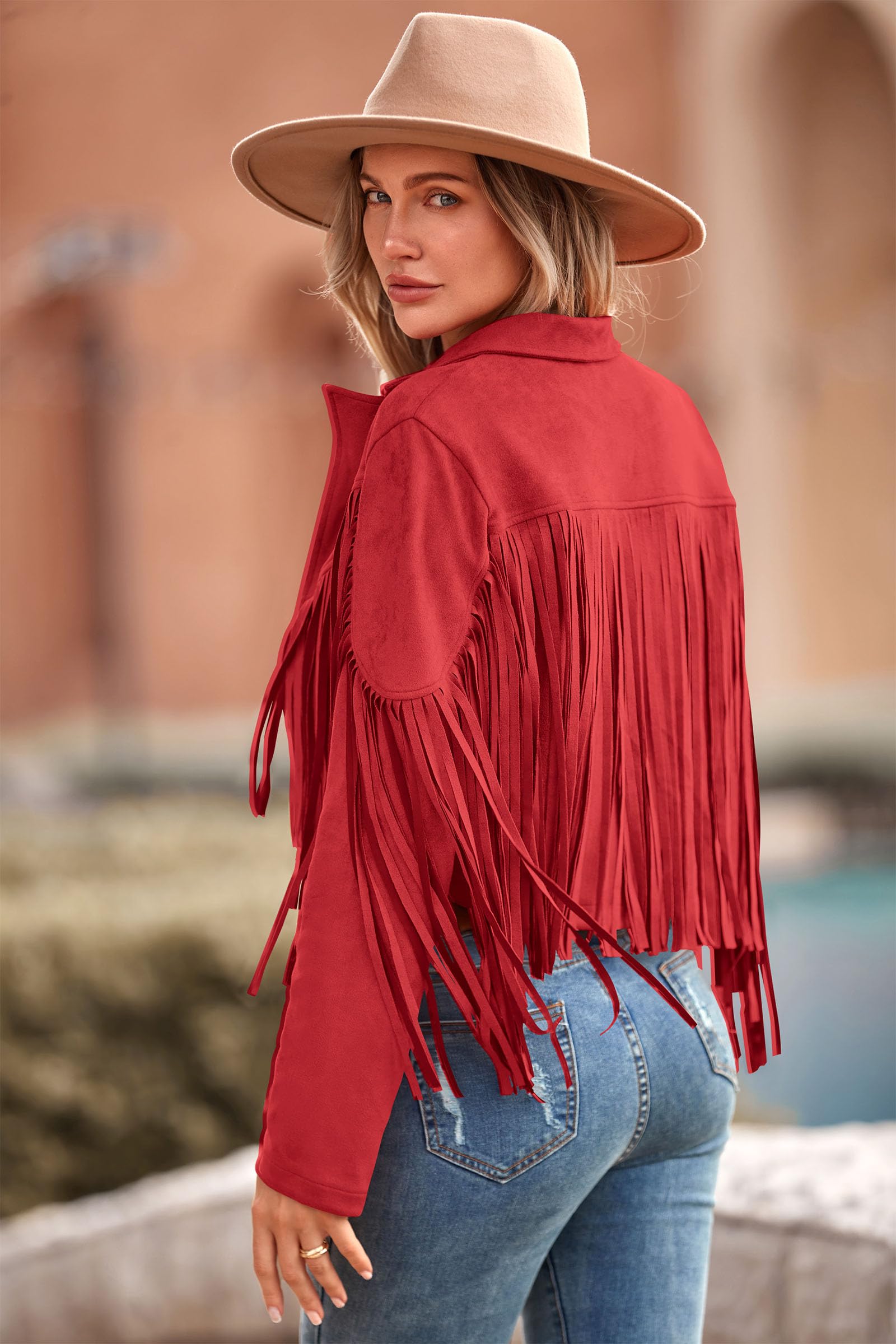 Women's Fringe Faux Suede Leather Jackets,Red,M