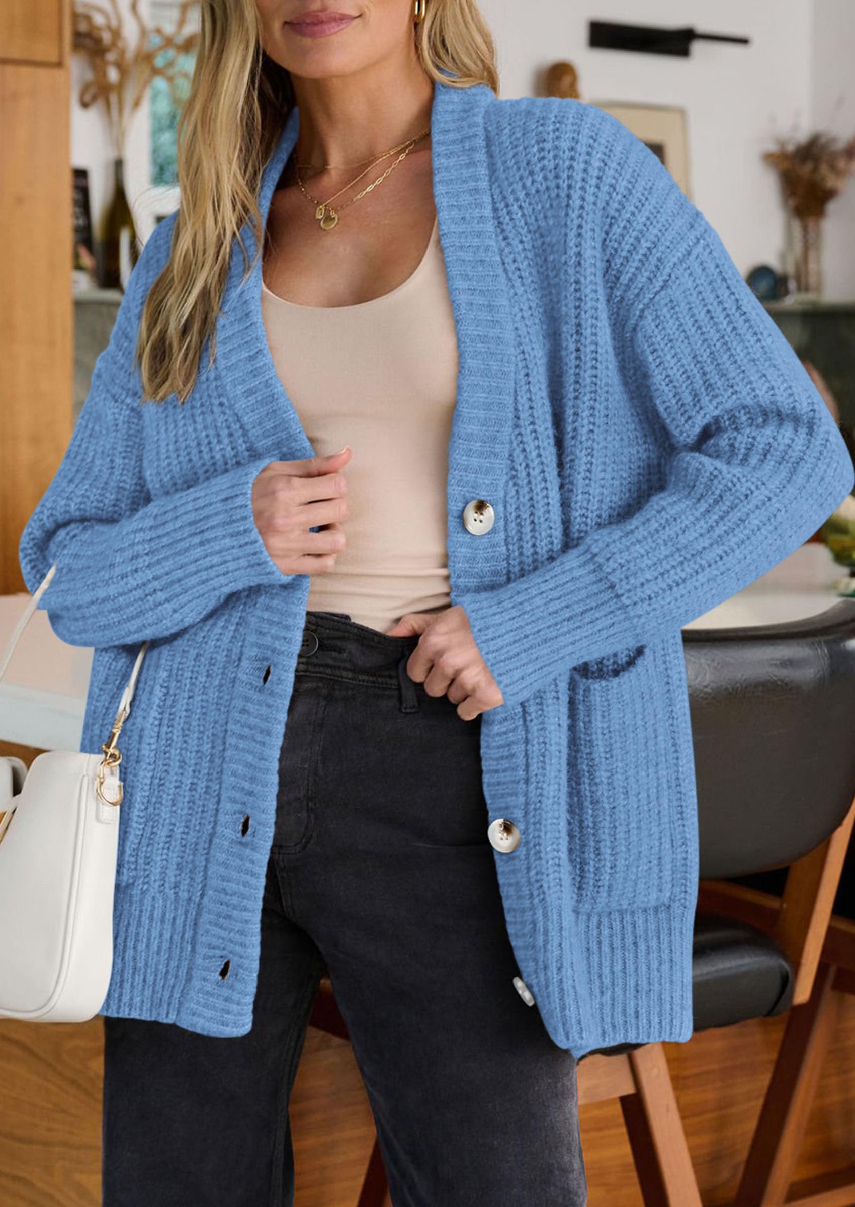 Oversized Cardigan Sweaters for Women Button Up,Light Blue,S
