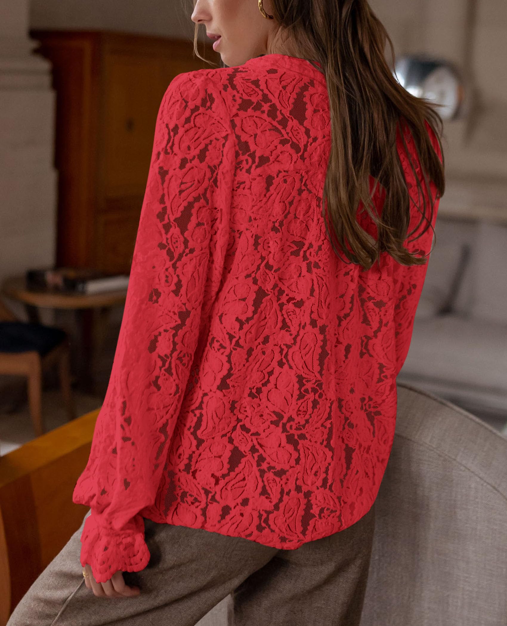 Women's Fall Trendy Long Sleeve Lace Tops(Red,Small)