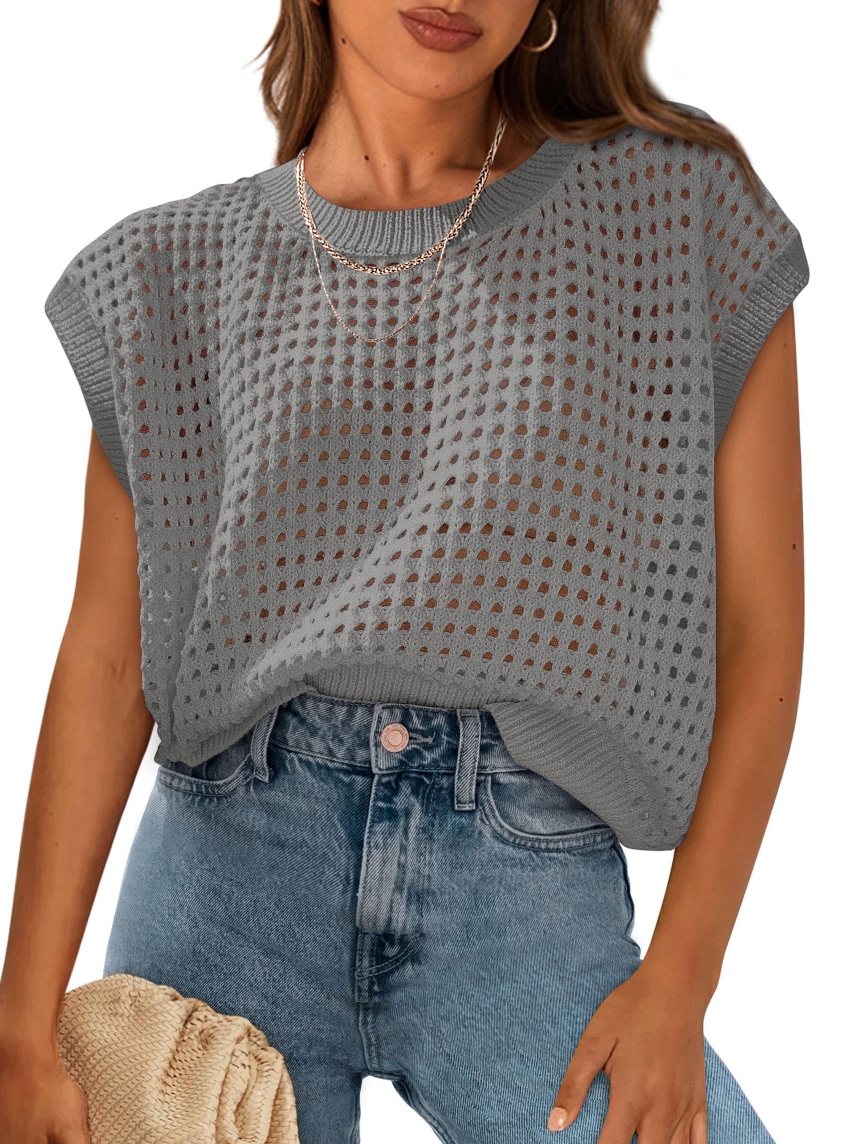 Women's Summer Crochet Cap Sleeve Sweater Tops,Grey,S