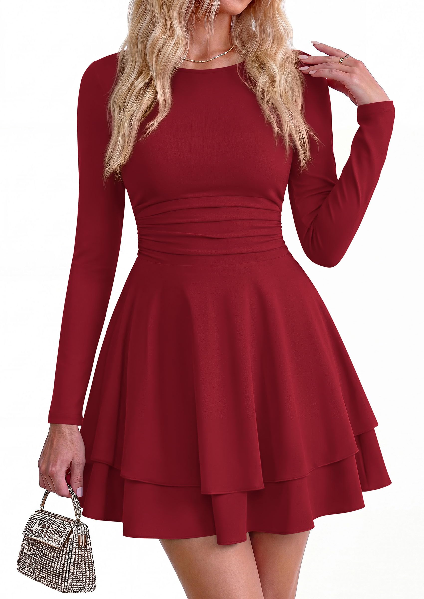 Womens Fit and Flare Crewneck Long Sleeve Mini Dress Wine Red