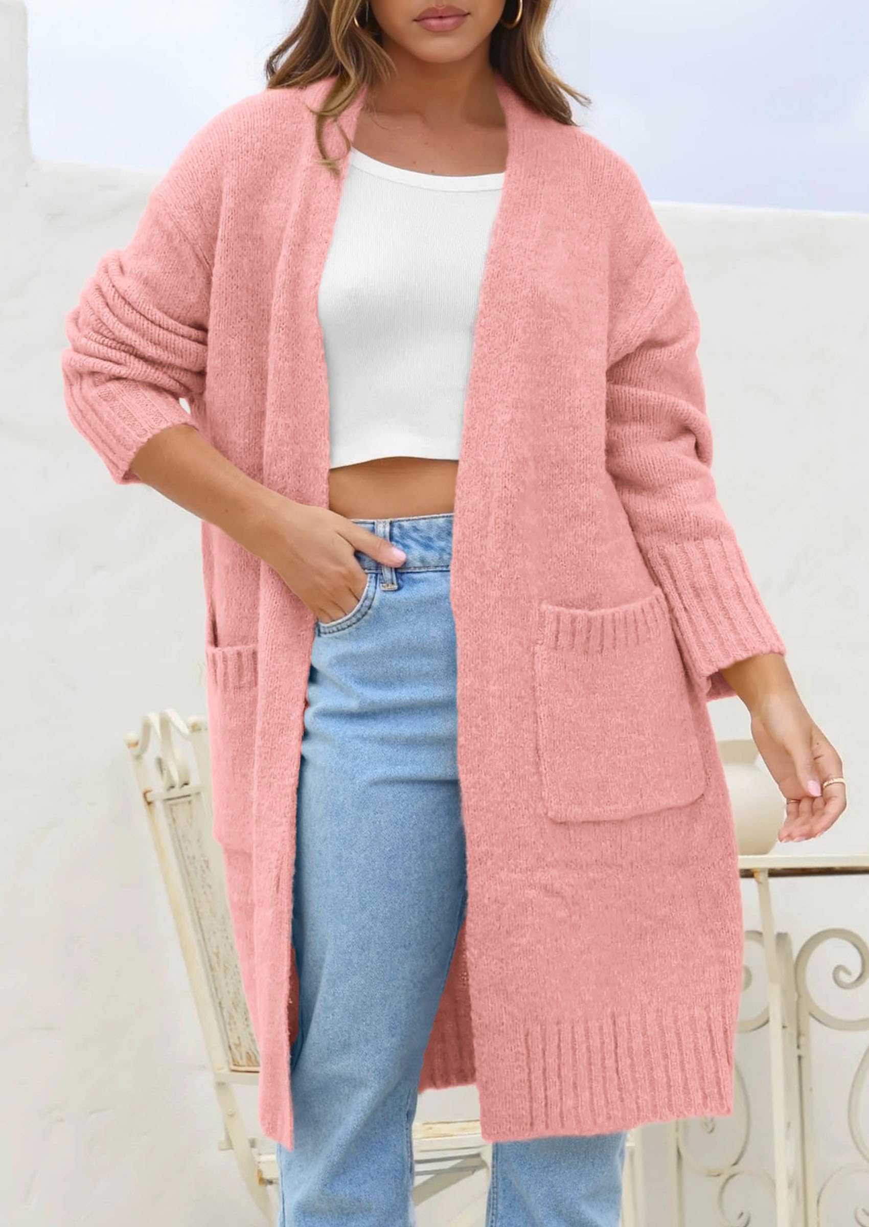 Open Front Cardigan Sweaters for Women,Pink,S