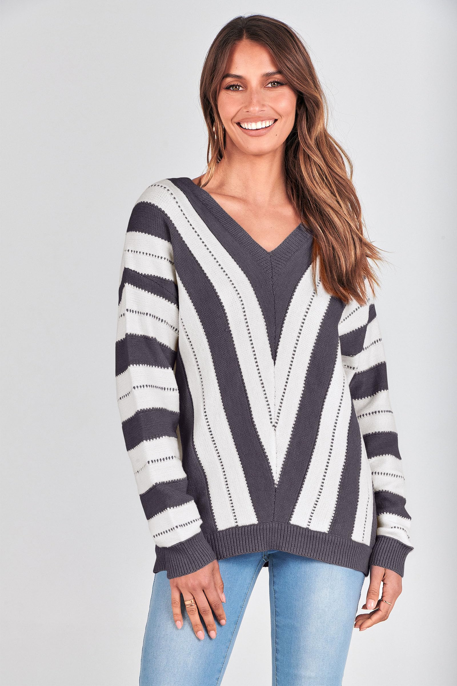 Women's V Neck Striped Knit Pullover Sweater