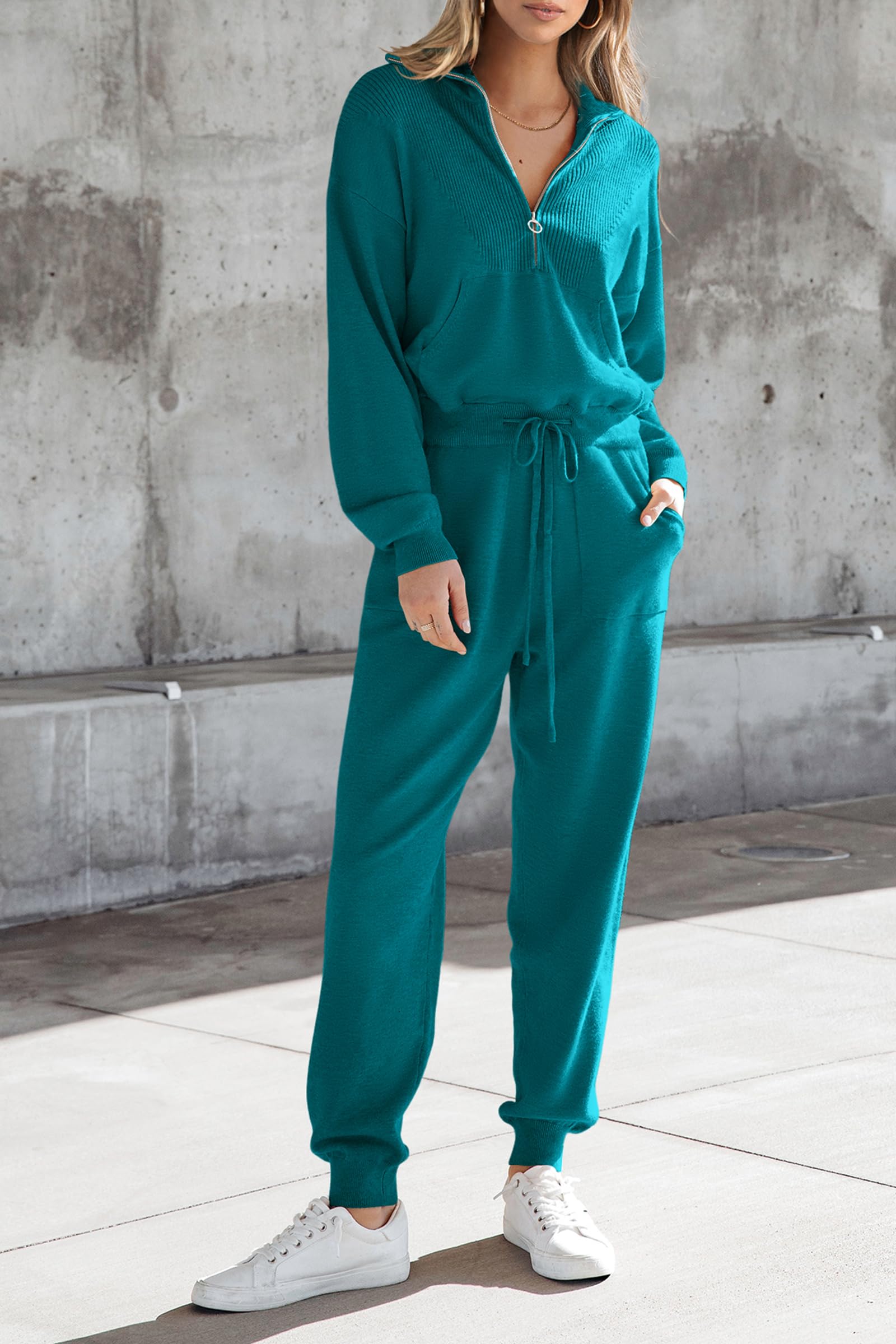 Women's 2 Piece Sweatsuits Set Fall Outfits(Peacock Blue,S)