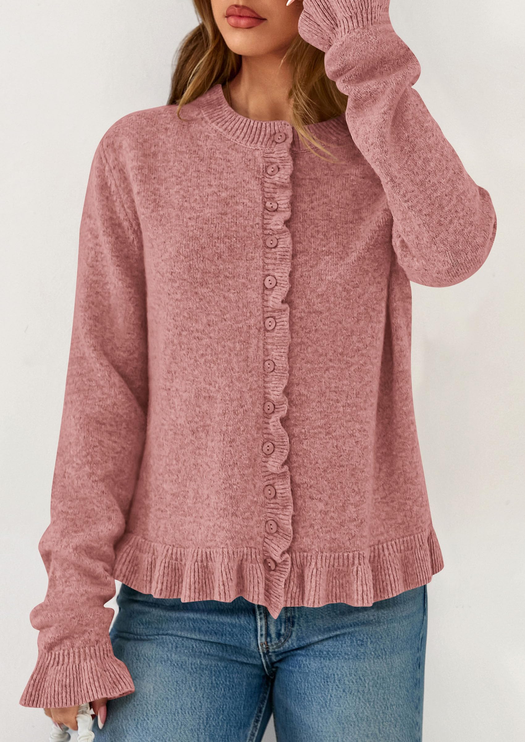 Womens Ruffle Button Down Cardigan Sweaters,Grey Pink,S