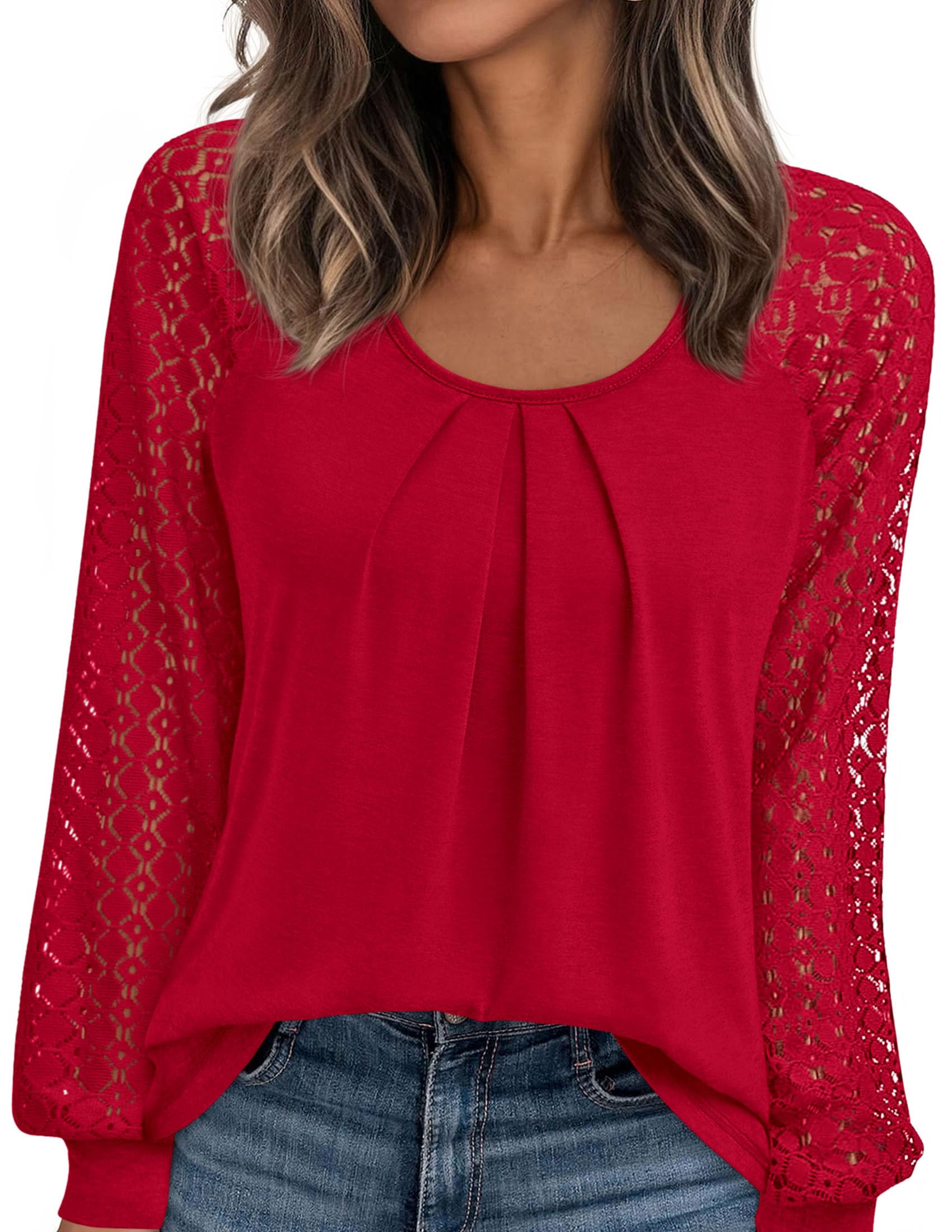 Women's Long Sleeve Shirts Fall Lace Tops,Red,S