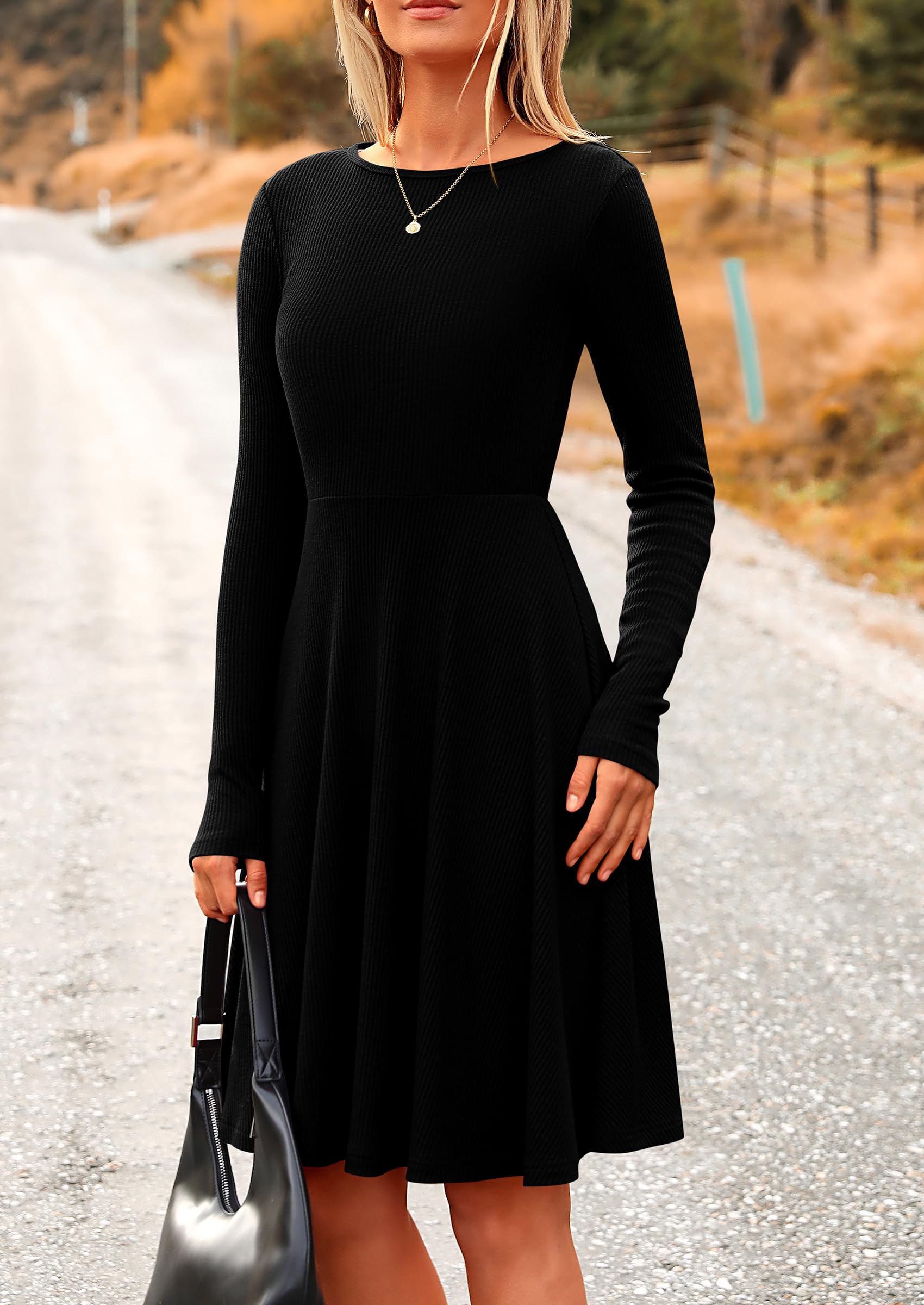 Women's Fall Casual Long Sleeve Short Dress (Black,S)