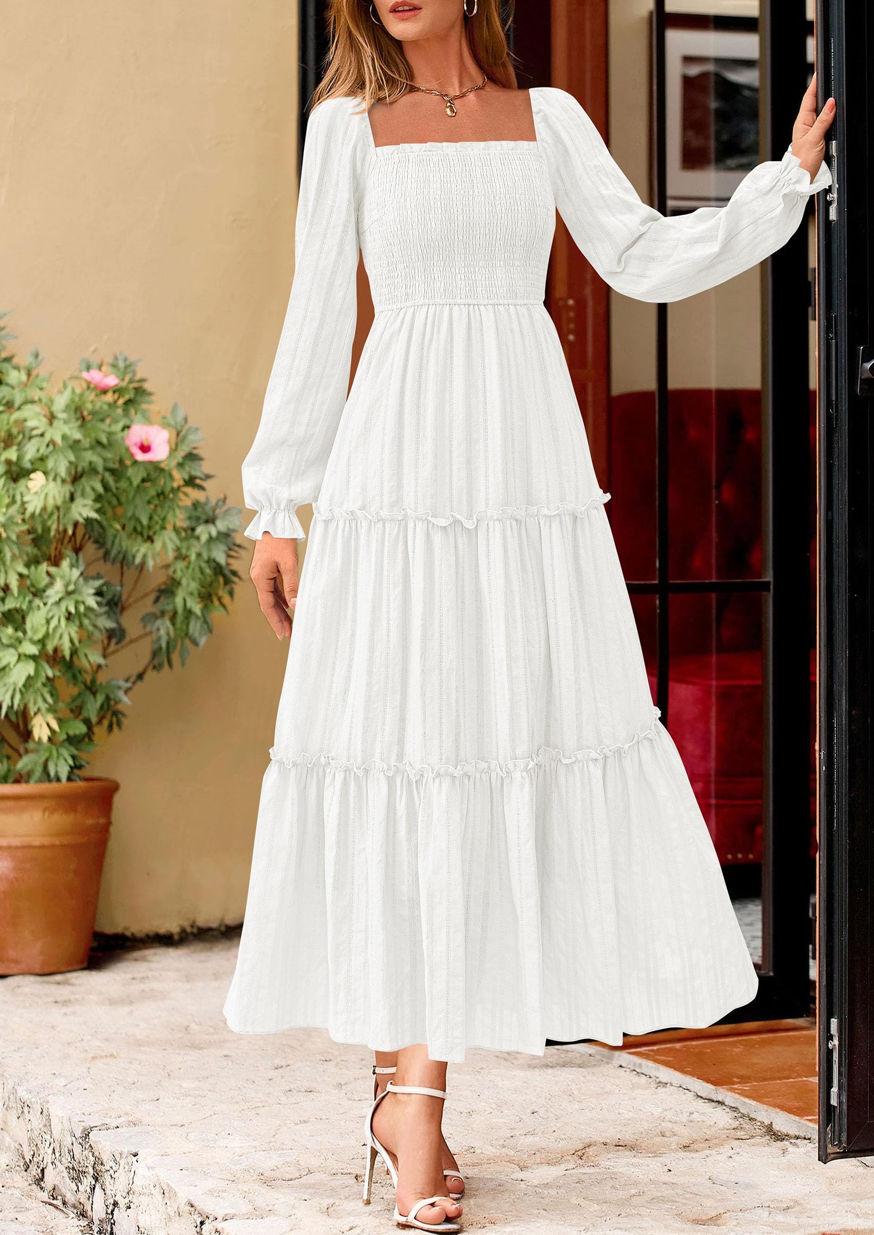 Women's Long Sleeve Ruffle Flowy Maxi Dress,White,S