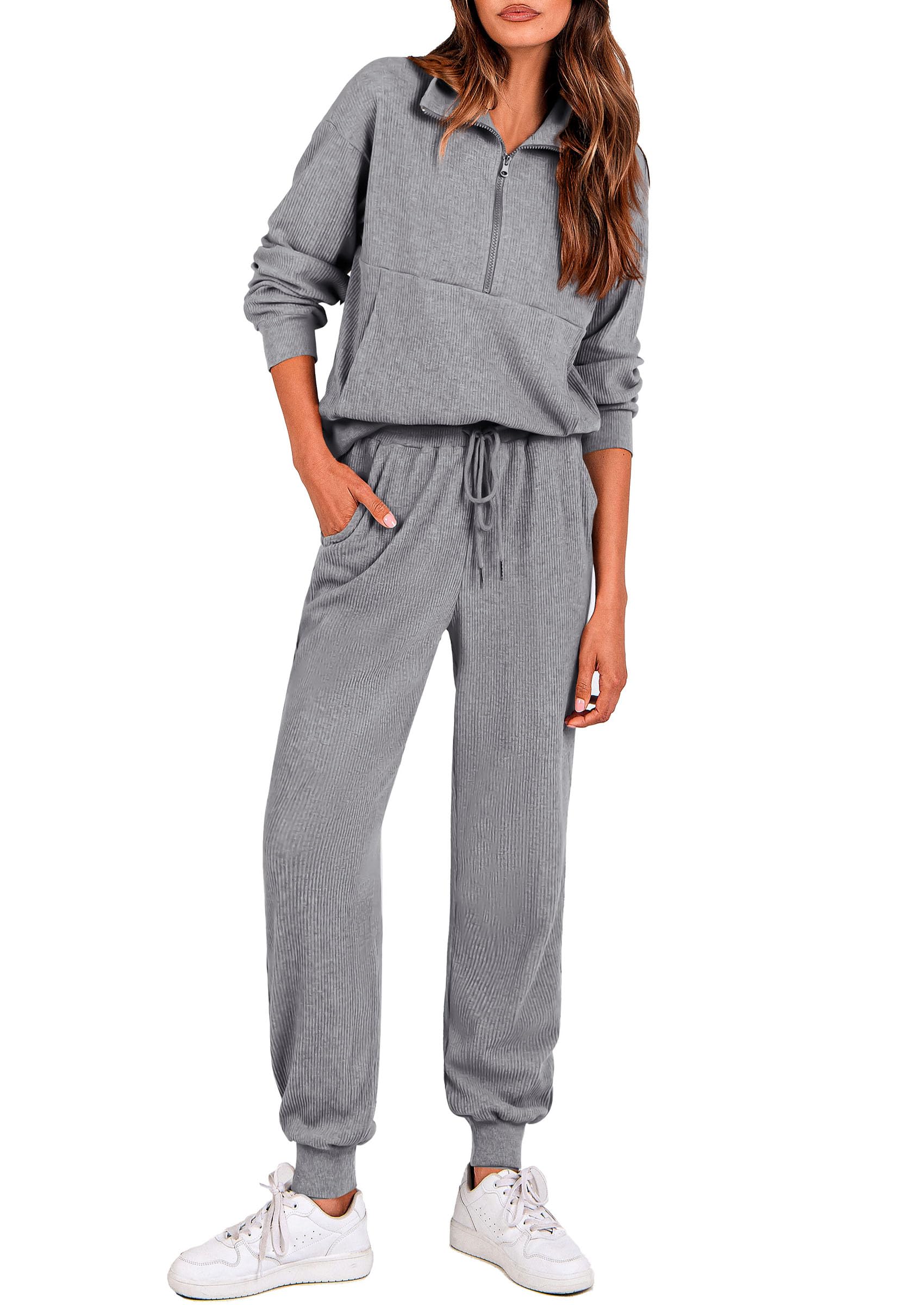Airport Travel Outfit Women Ribbed Knit Matching Lounge Sets