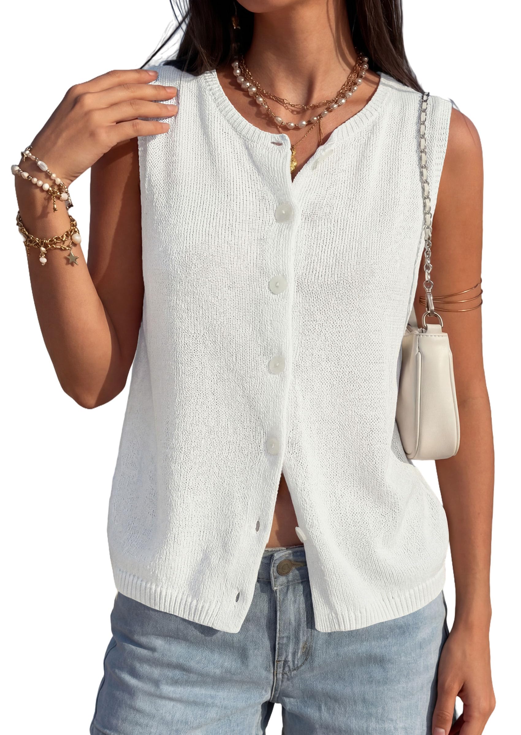 Women's Summer Button Up Sweater Vest Tops,White,L