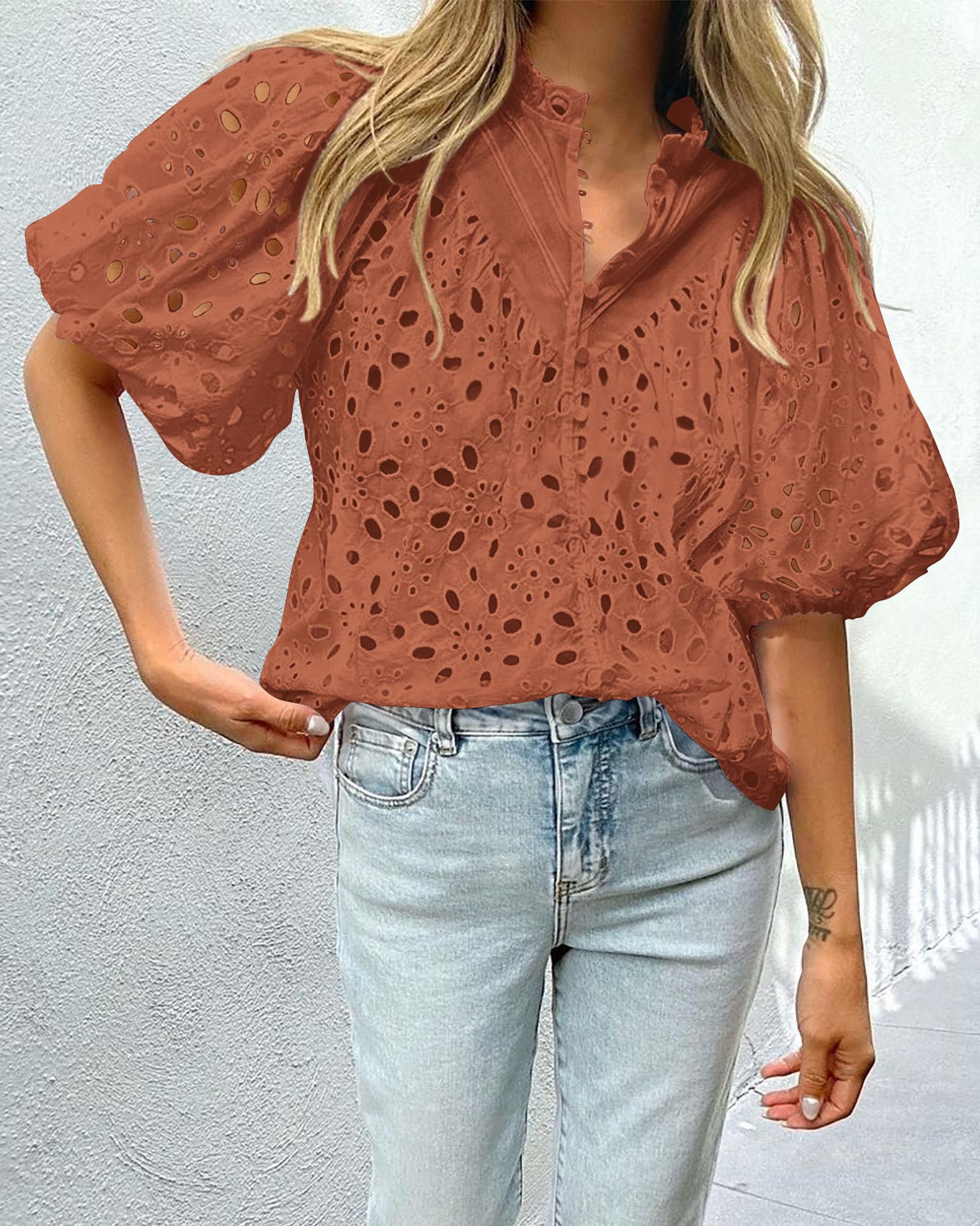 Womens Tops Boho Eyelet Puff Sleeve Blouse, Brick Red,S