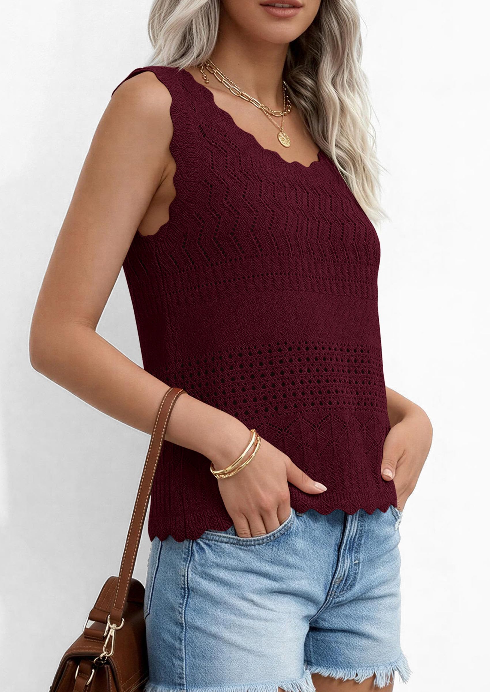 Womens Crochet Tank Tops Knit Sleeveless Vest,Wine Red,S