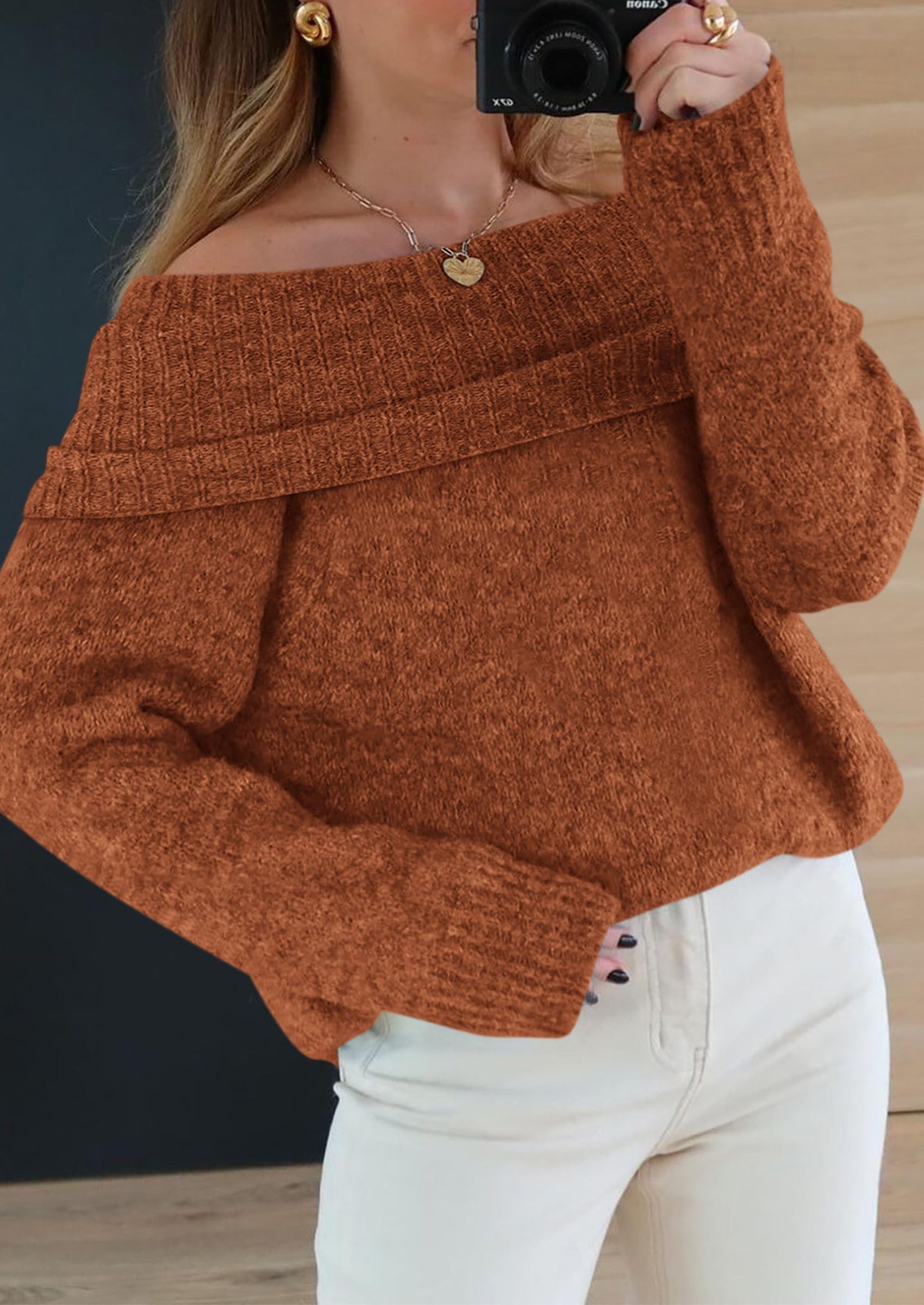 Women's Fall Off The Shoulder Sweater,Brick Red,S