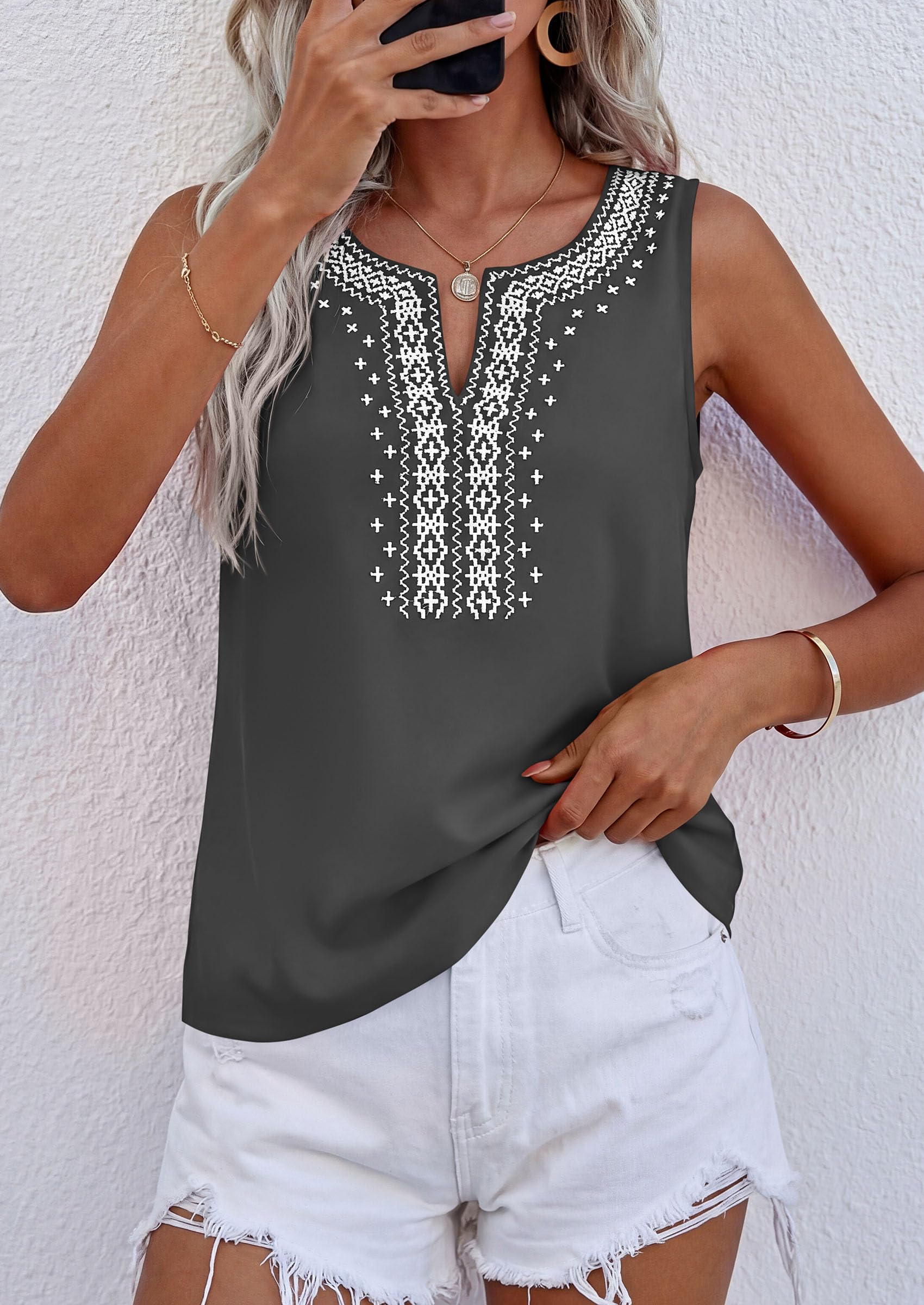 Womens Embroidered Sleeveless Tank Tops Grey,S