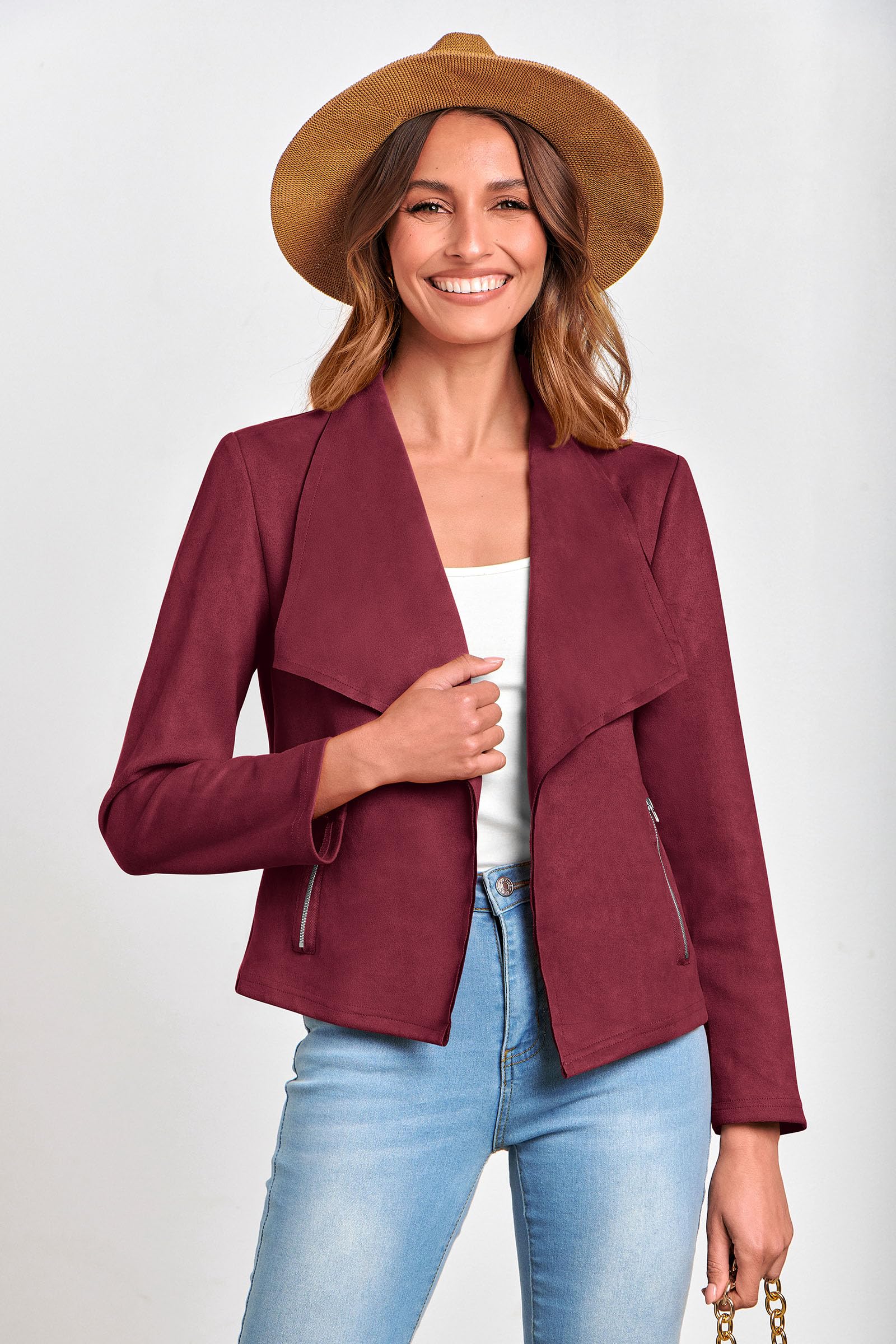 Women's Fall Fashion Faux Suede Jackets(Wine Red,Small)