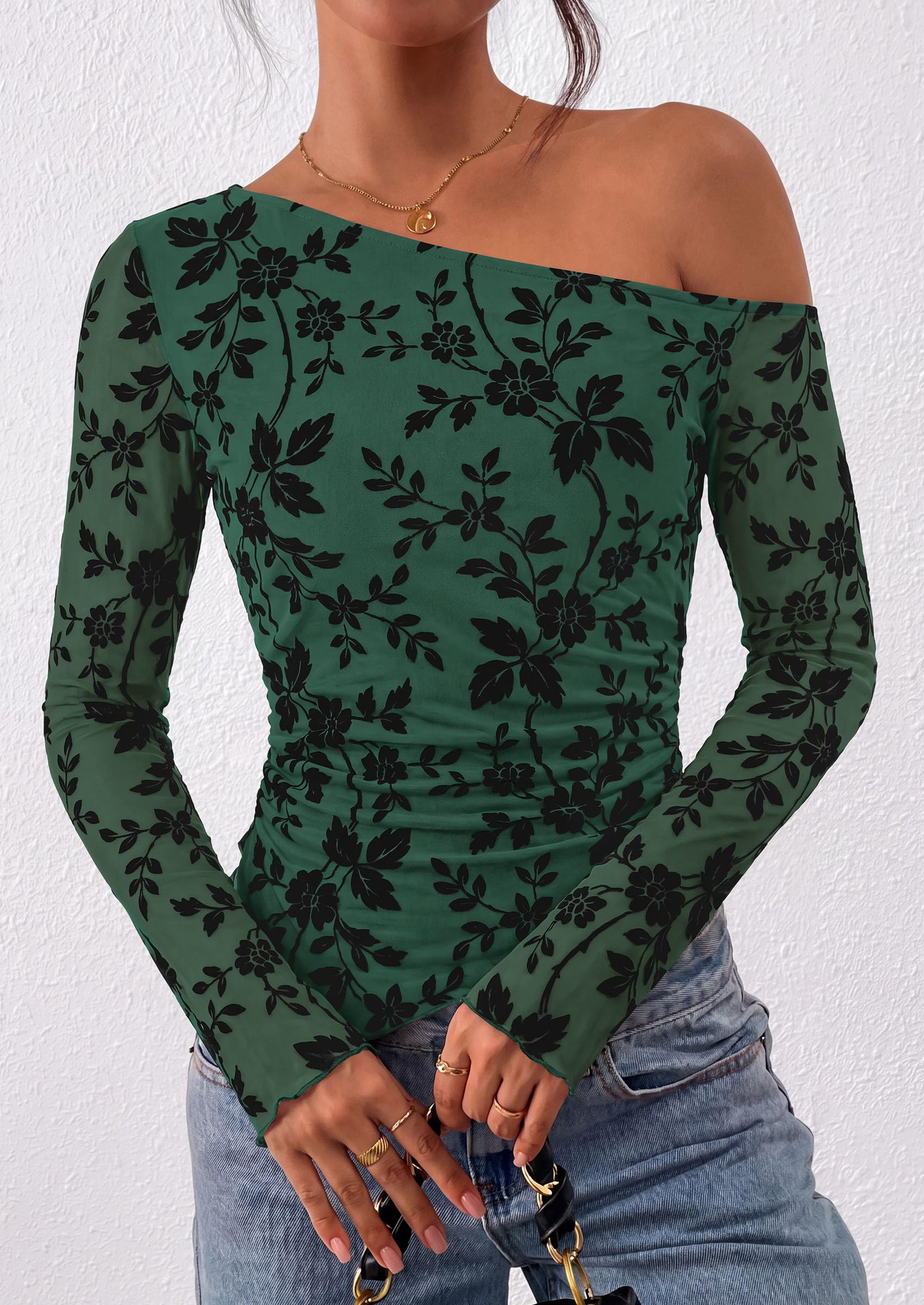 Womens Off Shoulder Mesh Y2k Tops,Dark Green,XS