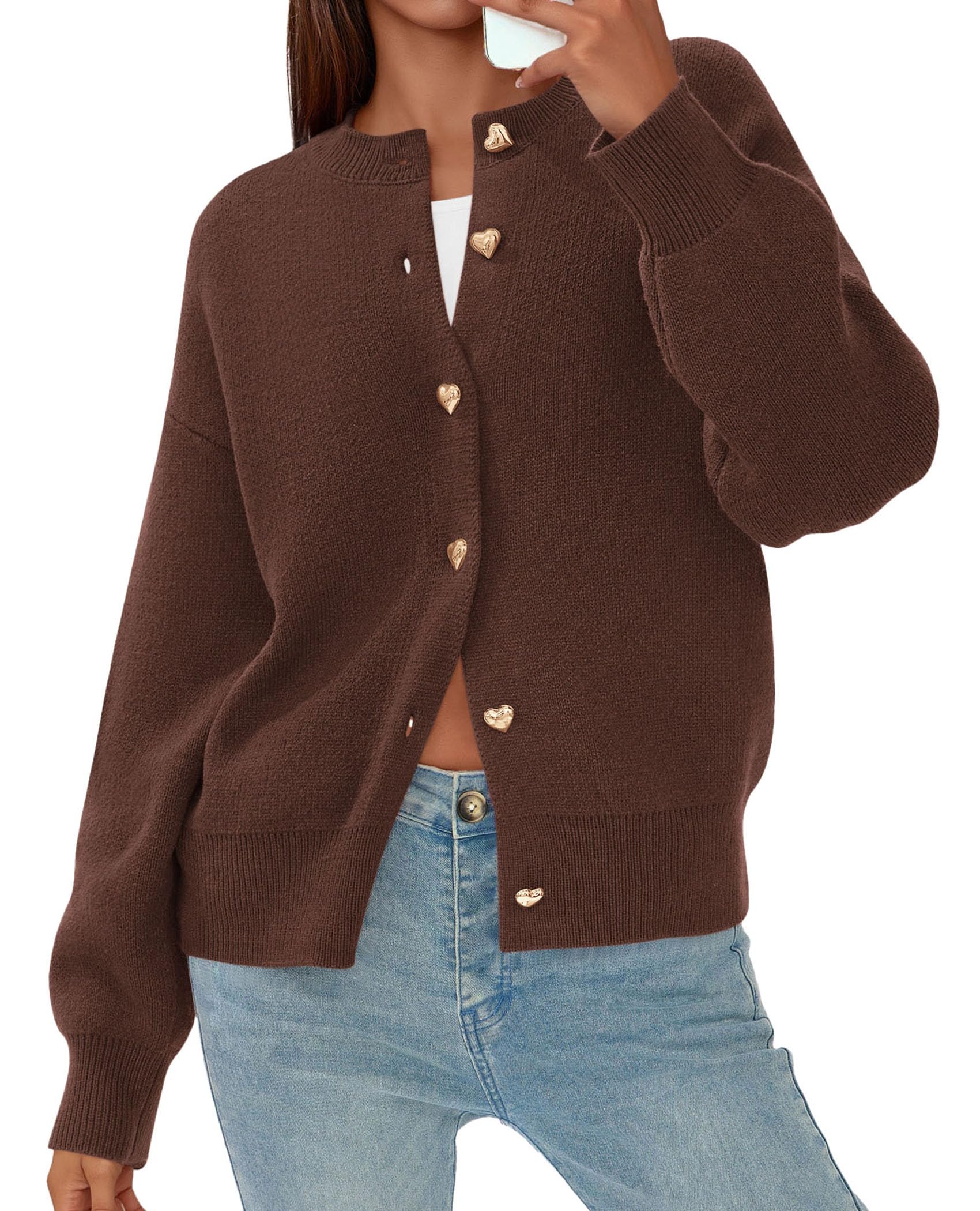 Women's Long Sleeve Button Up Cardigan,Brown,S