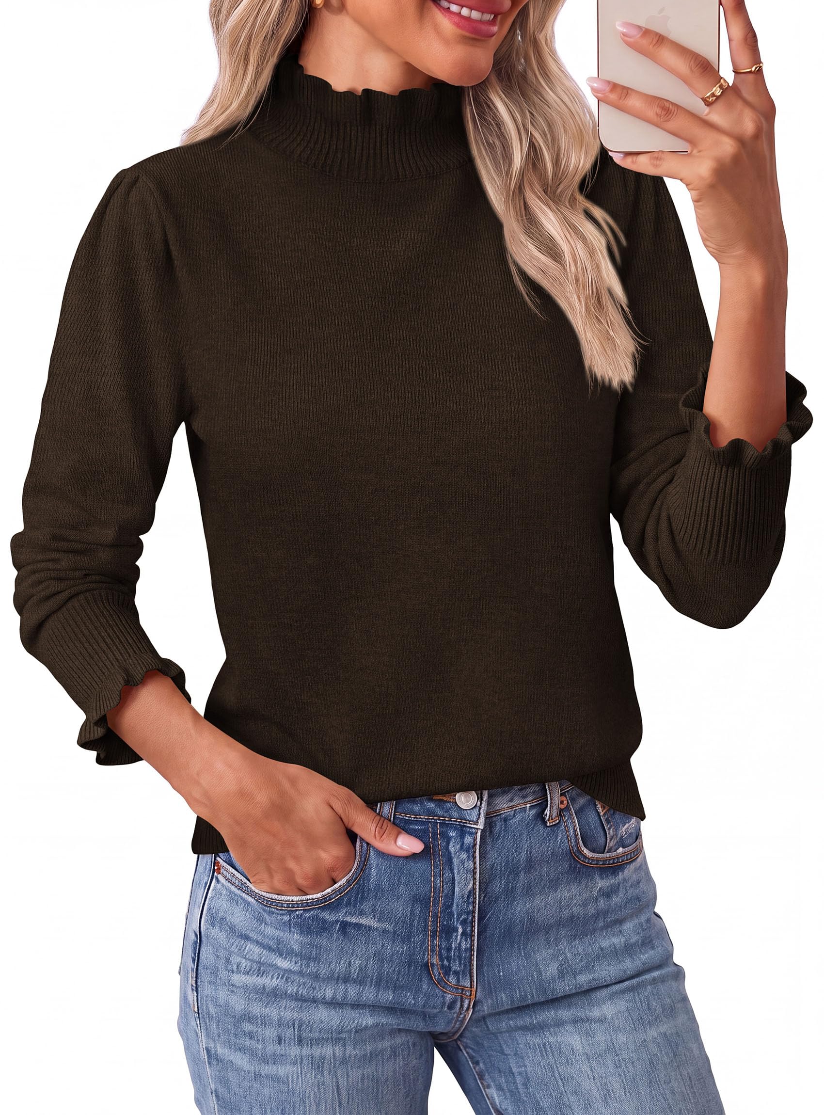 Women's Fall Cozy Sweaters Trendy Ruffle Mock Neck Pullover
