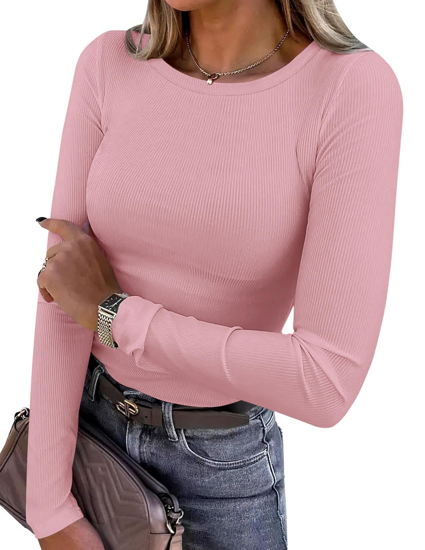 Women's Fall Long Sleeve Shirts Basic Tees (Pink,XS)