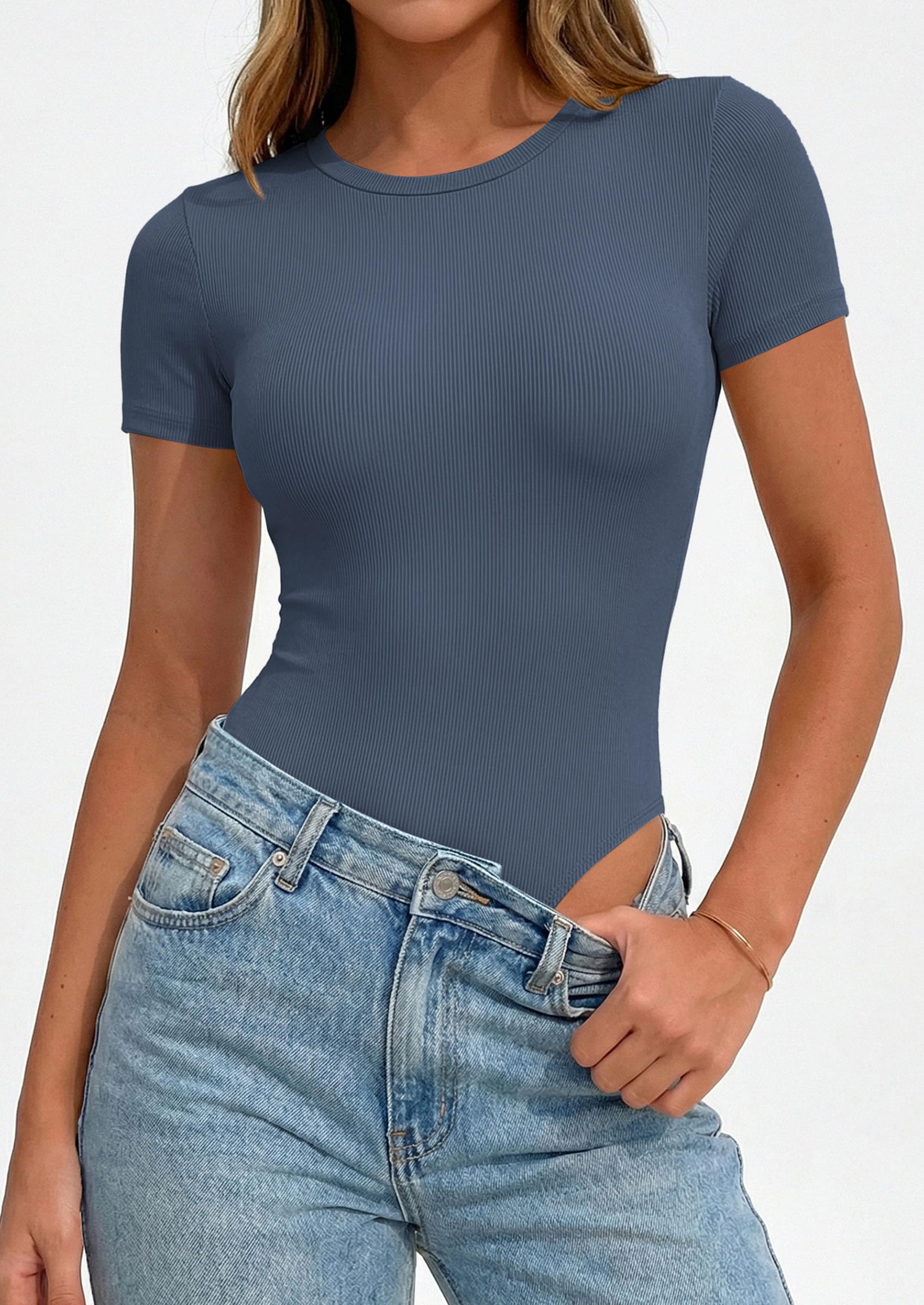 Body Suits for Womens Short Sleeve Summer Tops, Dusty Blue,XS