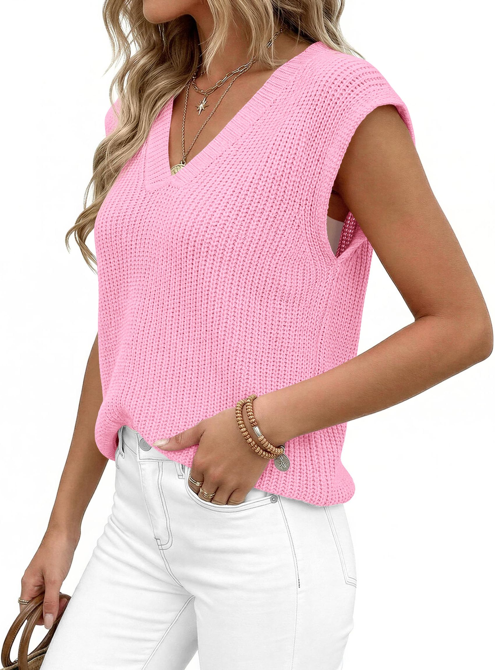 Women's Cap Sleeve Sweaters Vest Summer Tops (Pink,S)