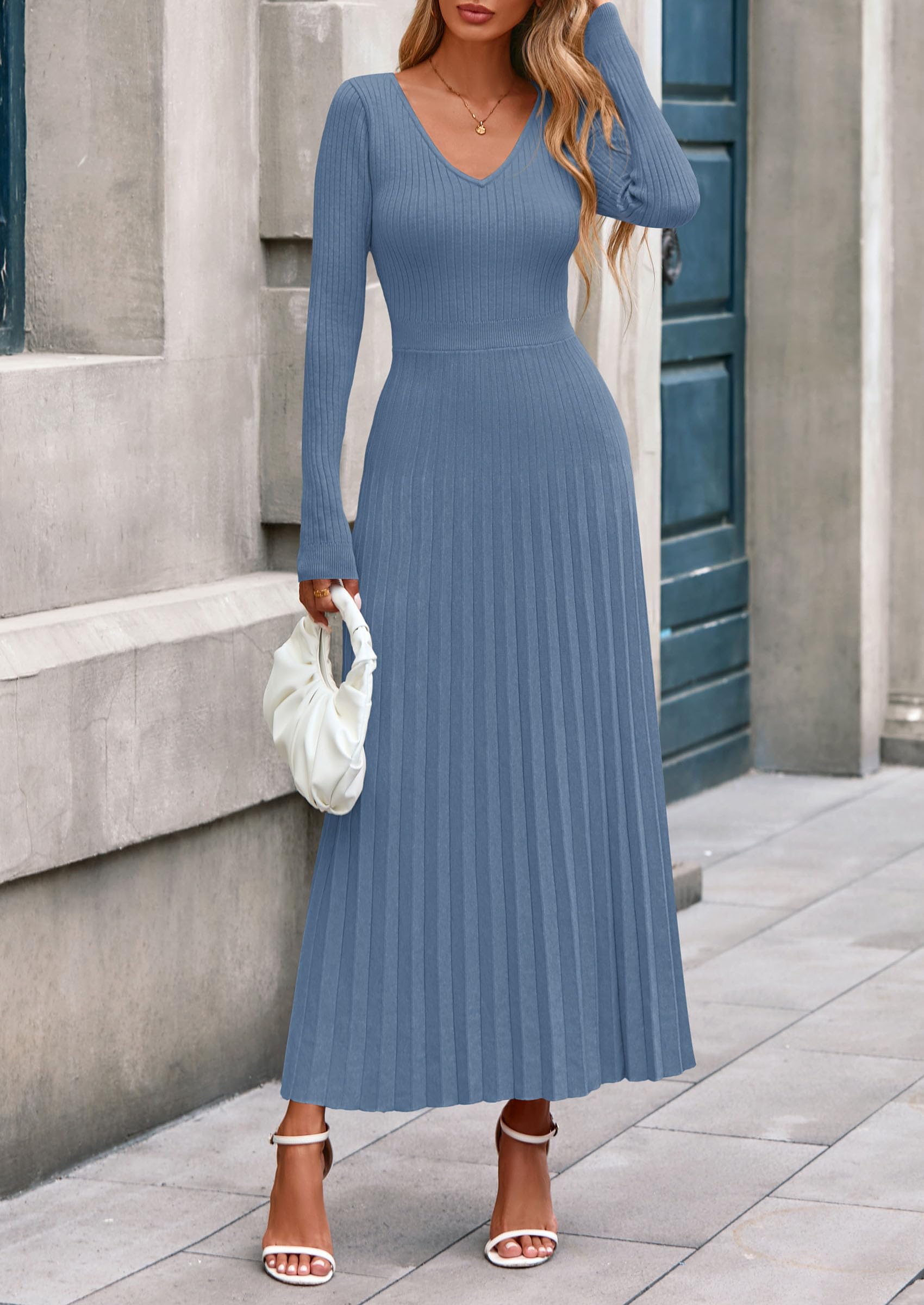 Sweater Dress Women Long Sleeve Maxi Flowy Pleated Dresses