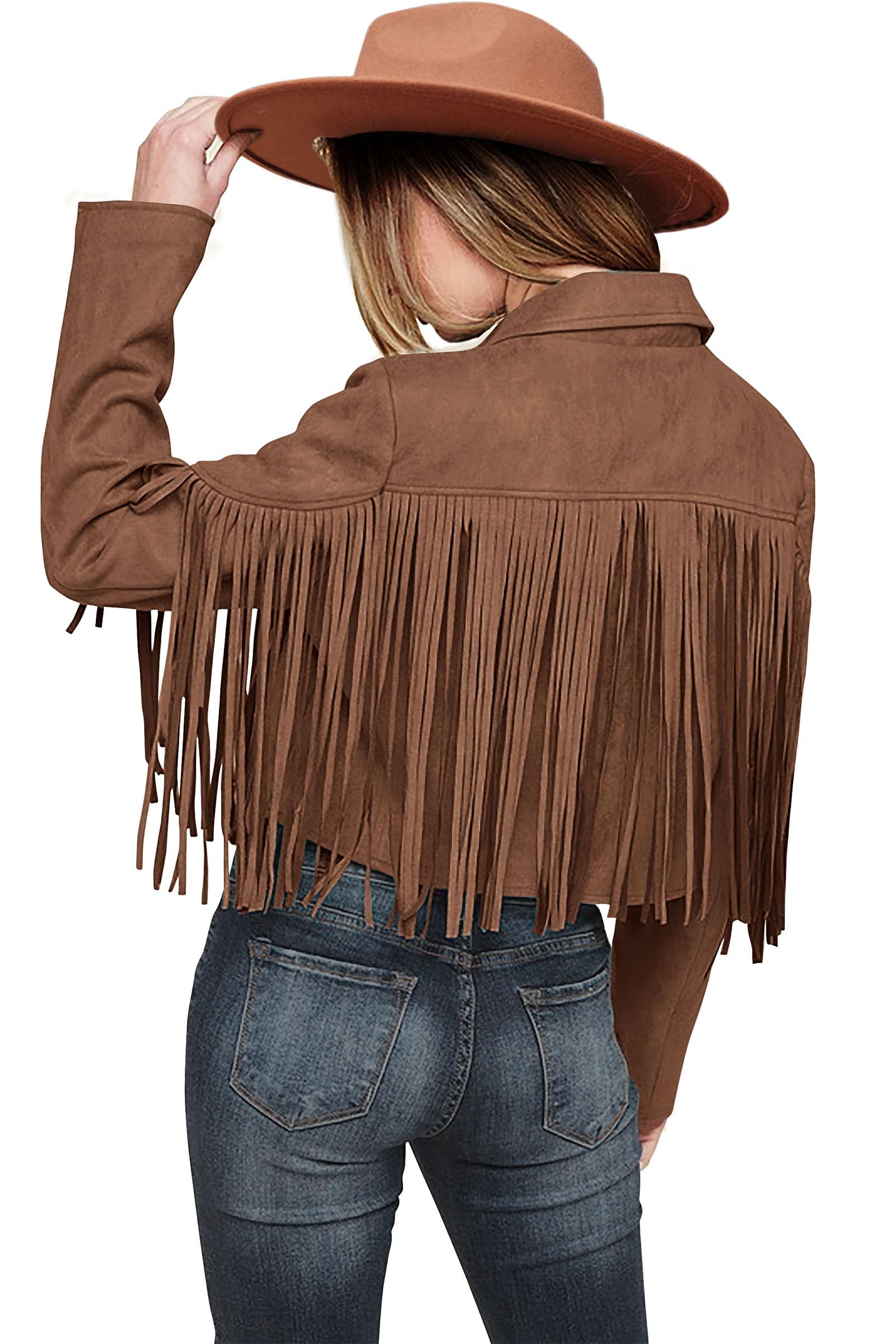 Women's Fringe Faux Suede Leather Jackets,Coffee,S