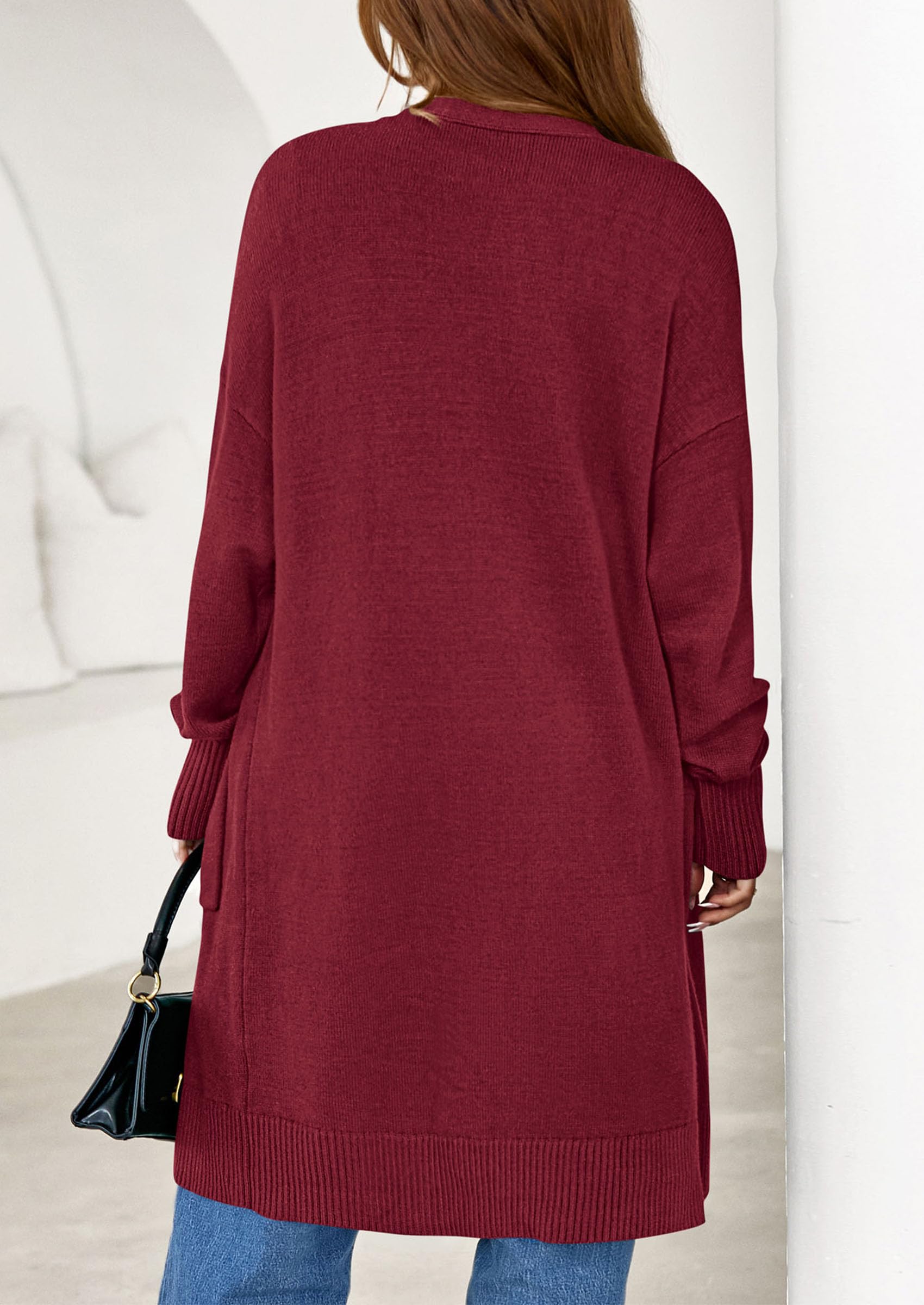 Women's Oversized Open Front Long Knit Cardigan,Burgundy,S