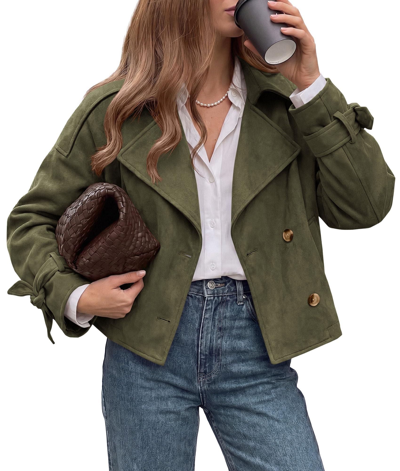 Women Faux Suede Double Breasted Trench Coat Cropped Jackets
