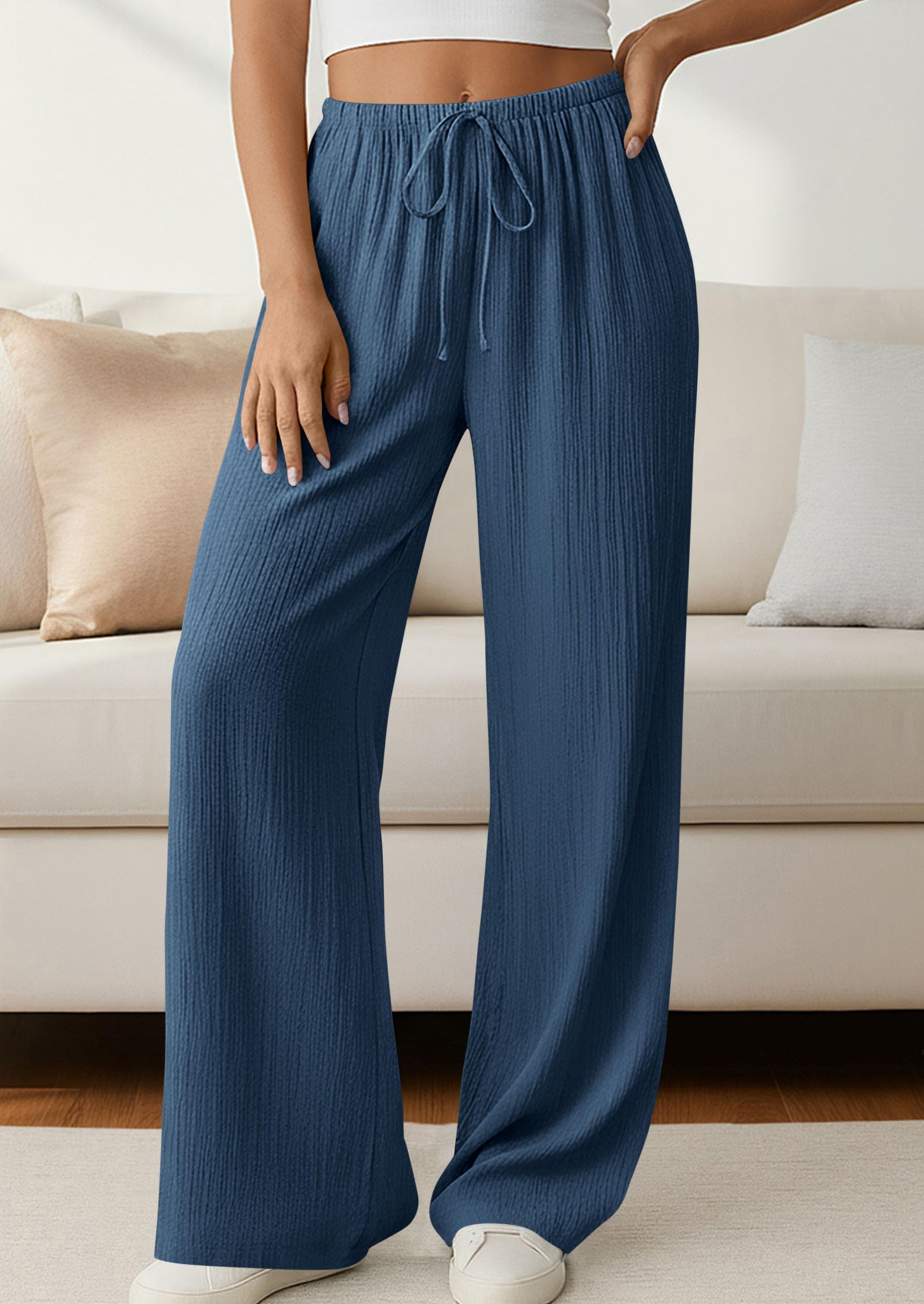 Women's Palazzo Pants Casual Wide Leg Trousers,Dark Blue,S