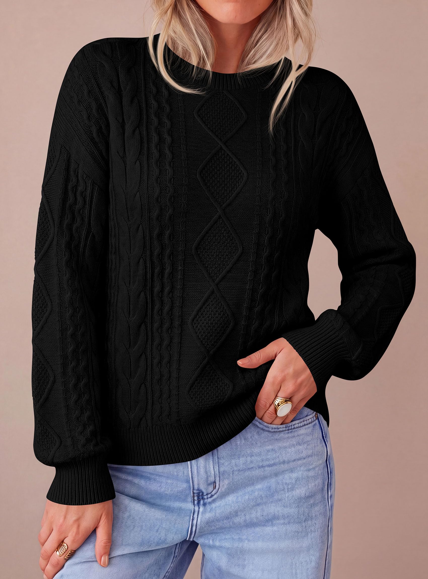 Women's Crewneck Cable Knit Sweater Pullover Tops Black