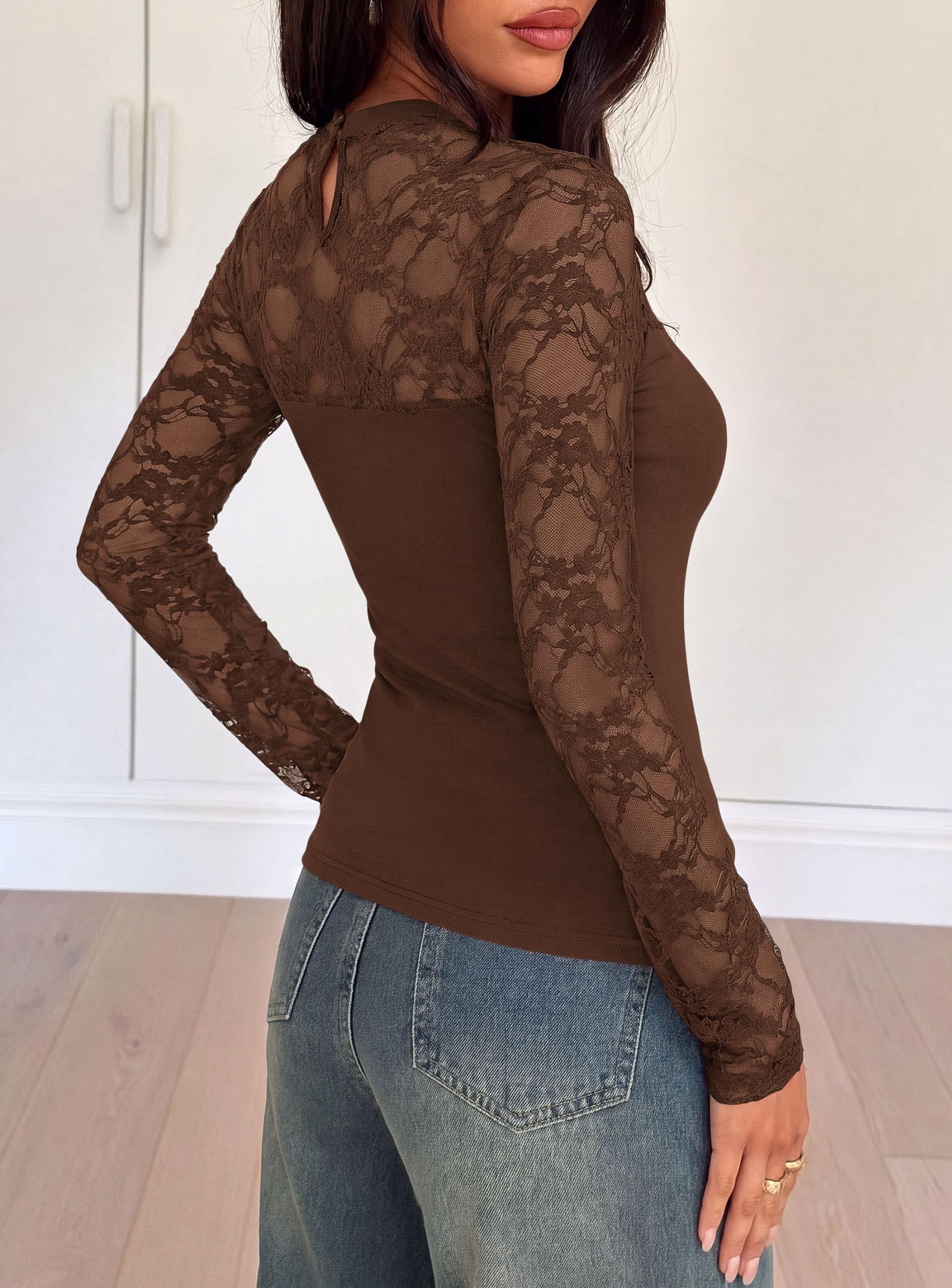 Womens Mesh Sheer Shirts Lace Long Sleeve Tops,Brown,S
