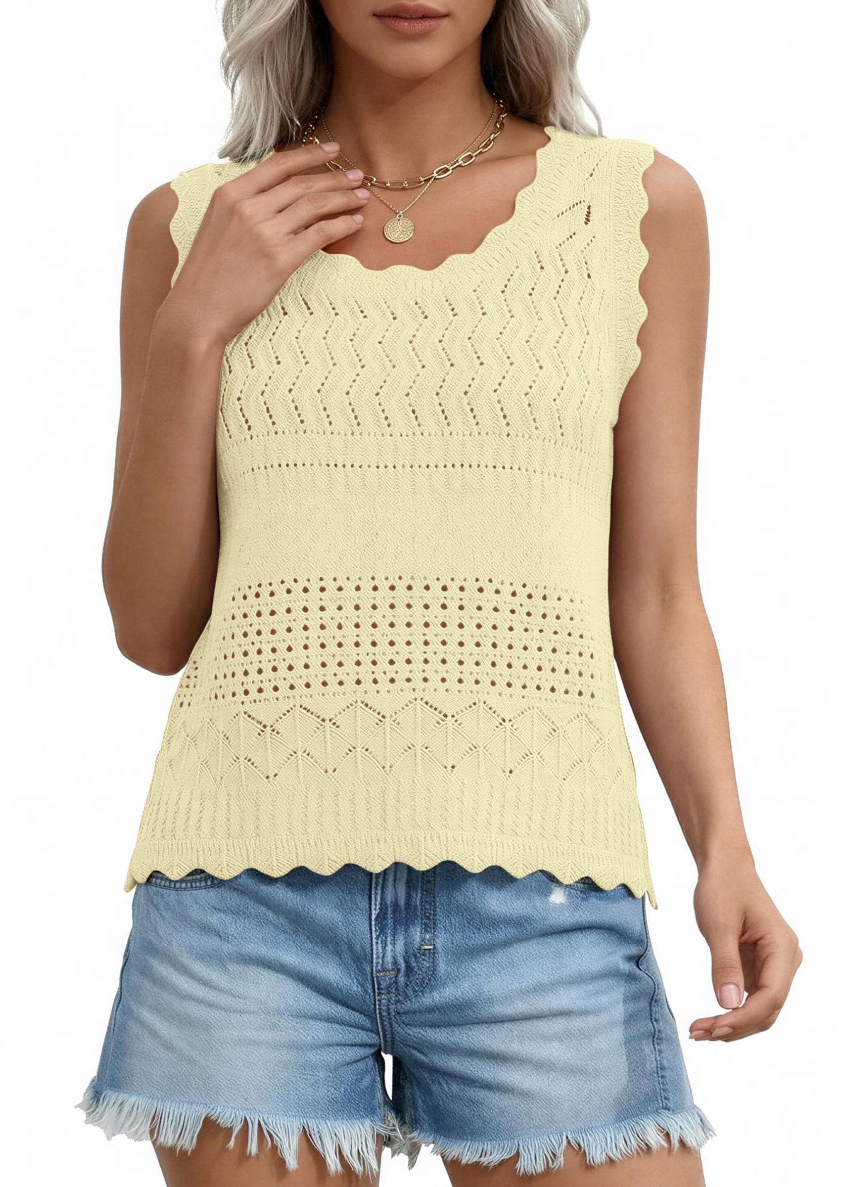 Womens Crochet Tank Tops Knit Sleeveless Vest,Yellow,S