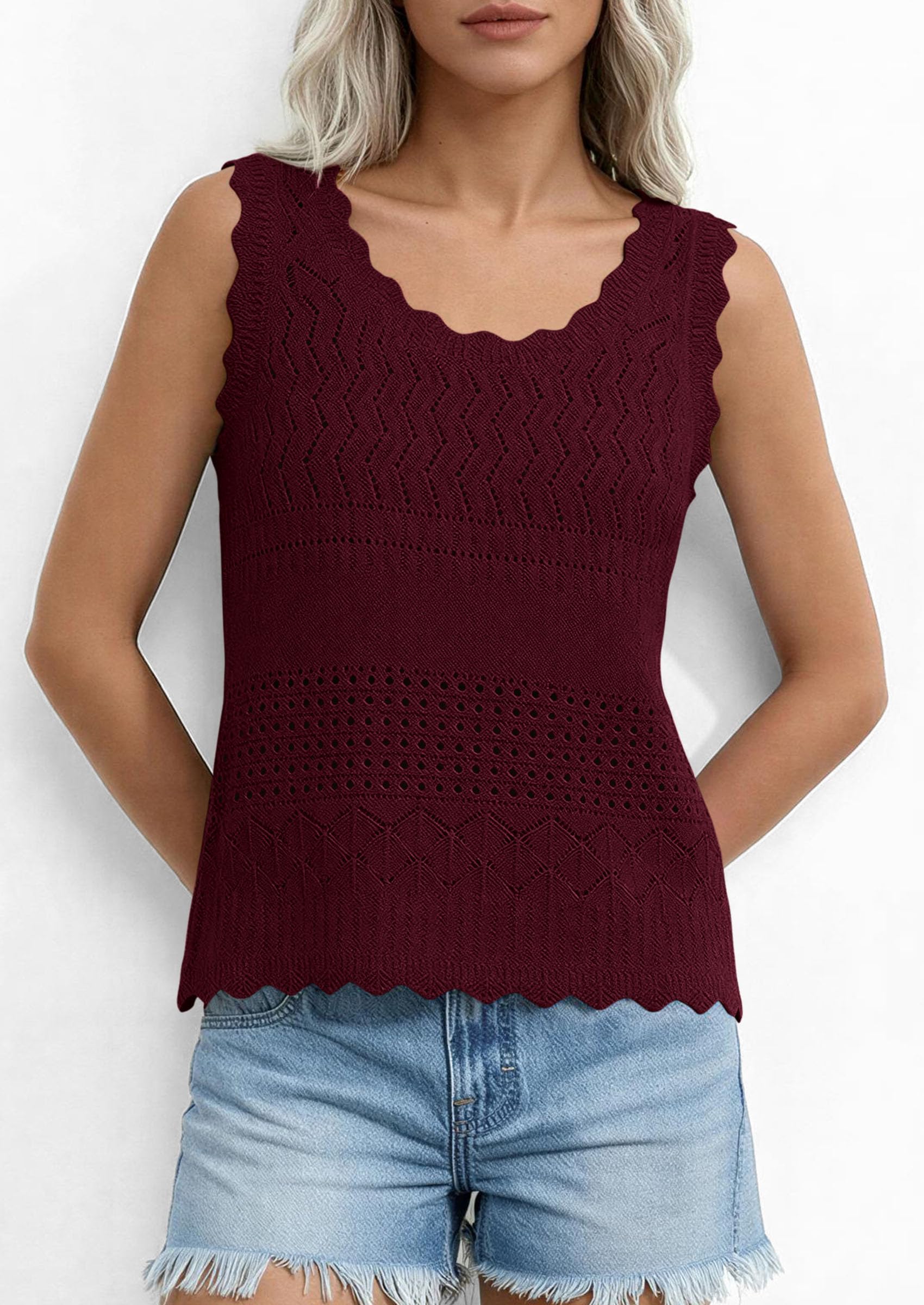 Womens Crochet Tank Tops Knit Sleeveless Vest,Wine Red,S