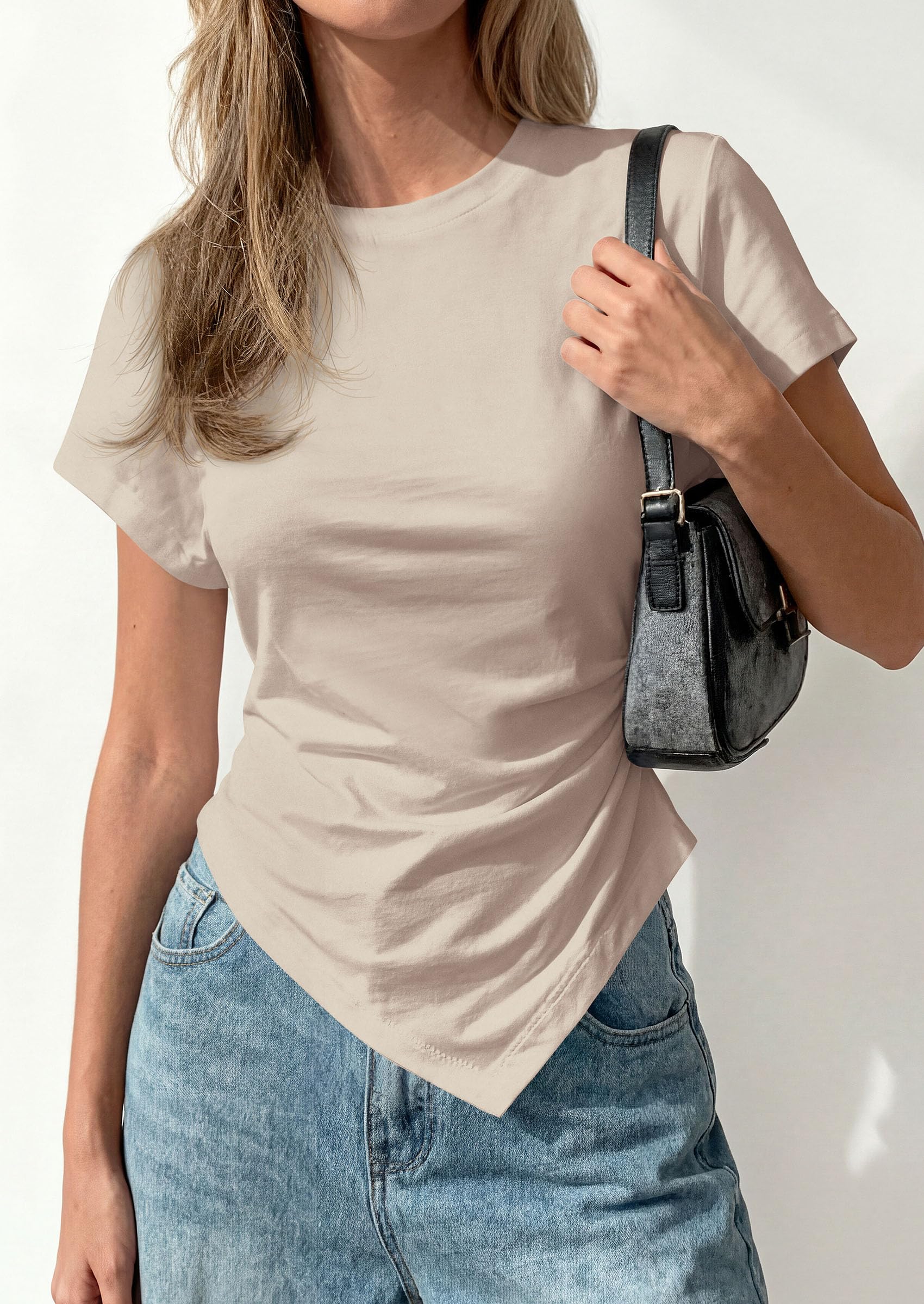 Womens Asymmetrical Summer Short Sleeve Tops,Light Khaki,XS