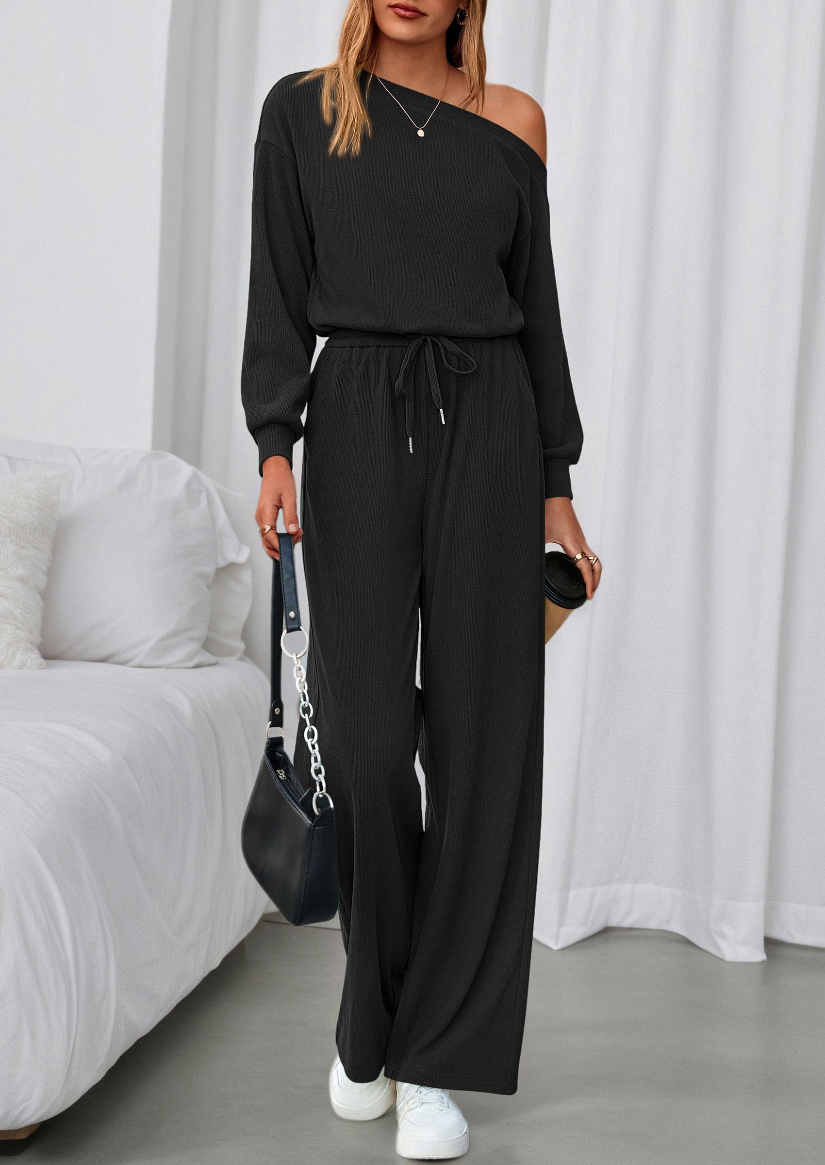 Womens Off Shoulder Long Sleeve Jumpsuit,Black,S