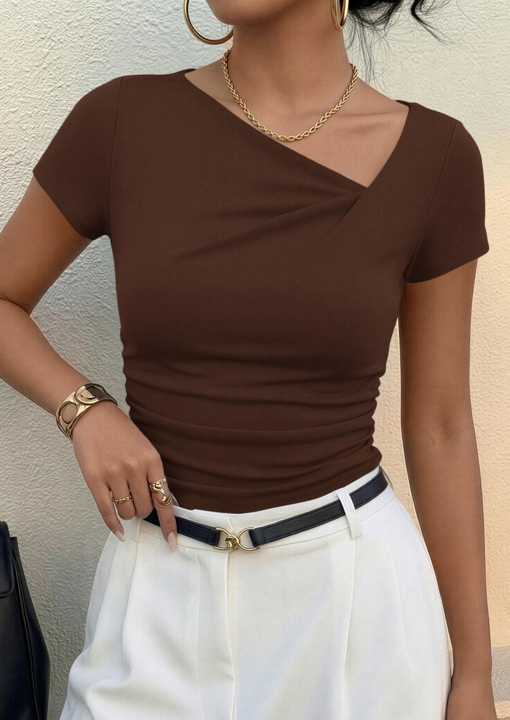Women's Summer Trendy Asymmetrical Y2K Tops (Brown,S)