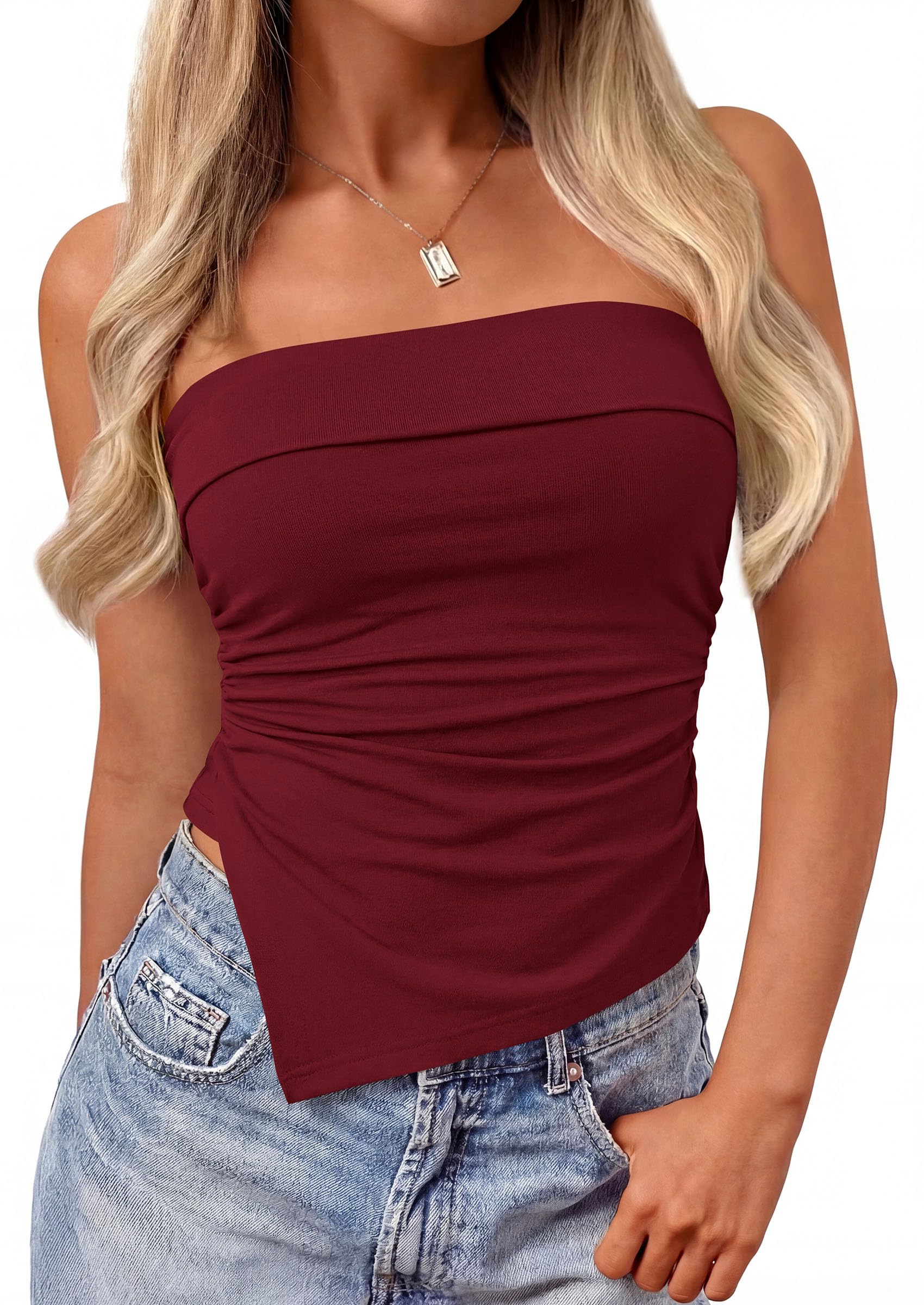 Going Out Tube Tops for Women Trendy Summer, Burgundy,XS