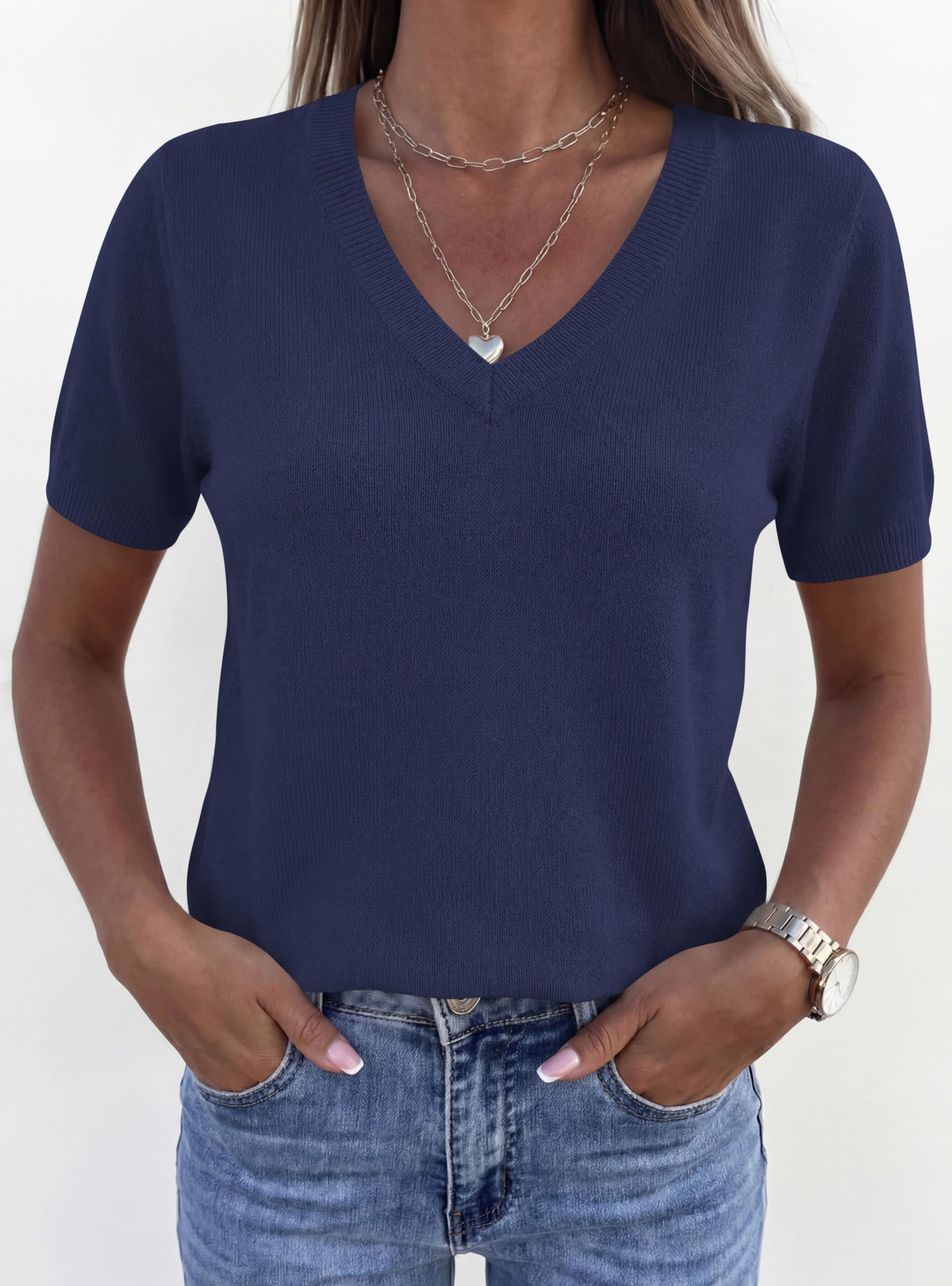 Womens Short Sleeve Sweater V Neck Tops,Navy Blue,S