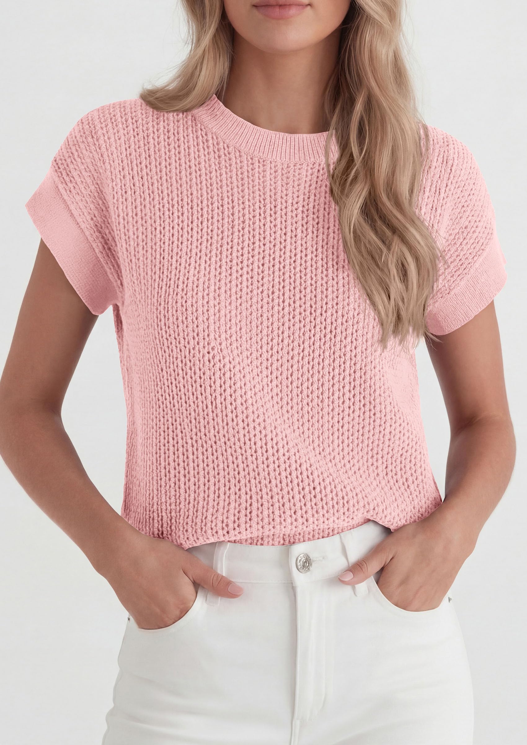 Women's Summer Sweater Vest Crochet Tops (Pink,S)