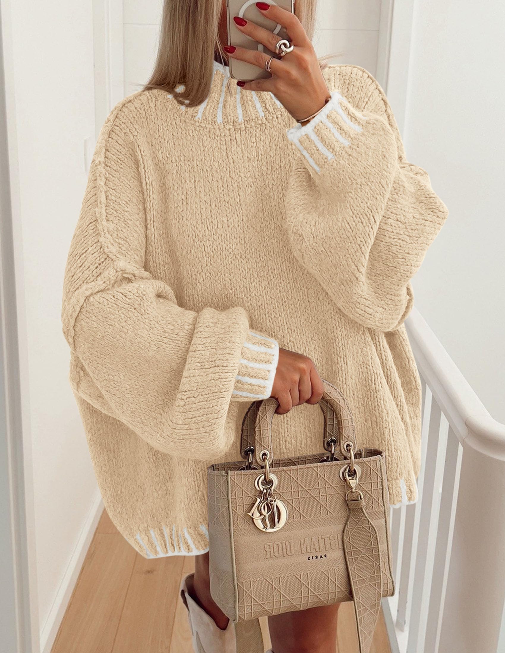 Women's Mock Neck Oversized Pullover Sweaters,Apricot,XS