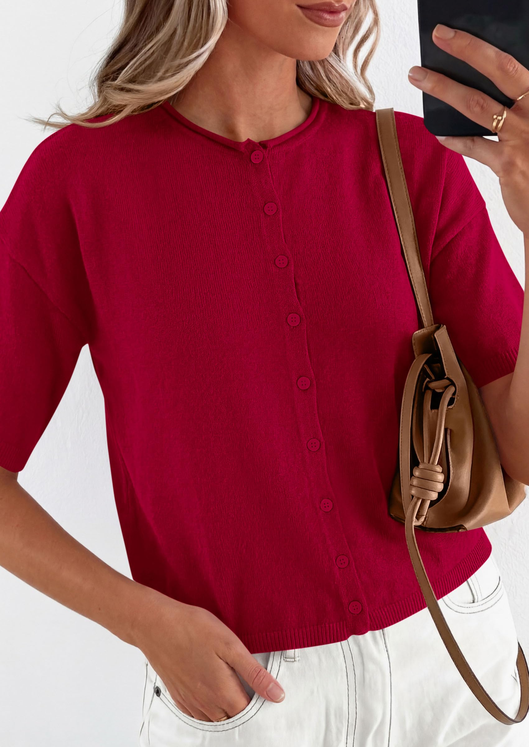 Women's Short Sleeve Cardigan Sweaters (Red,Large)