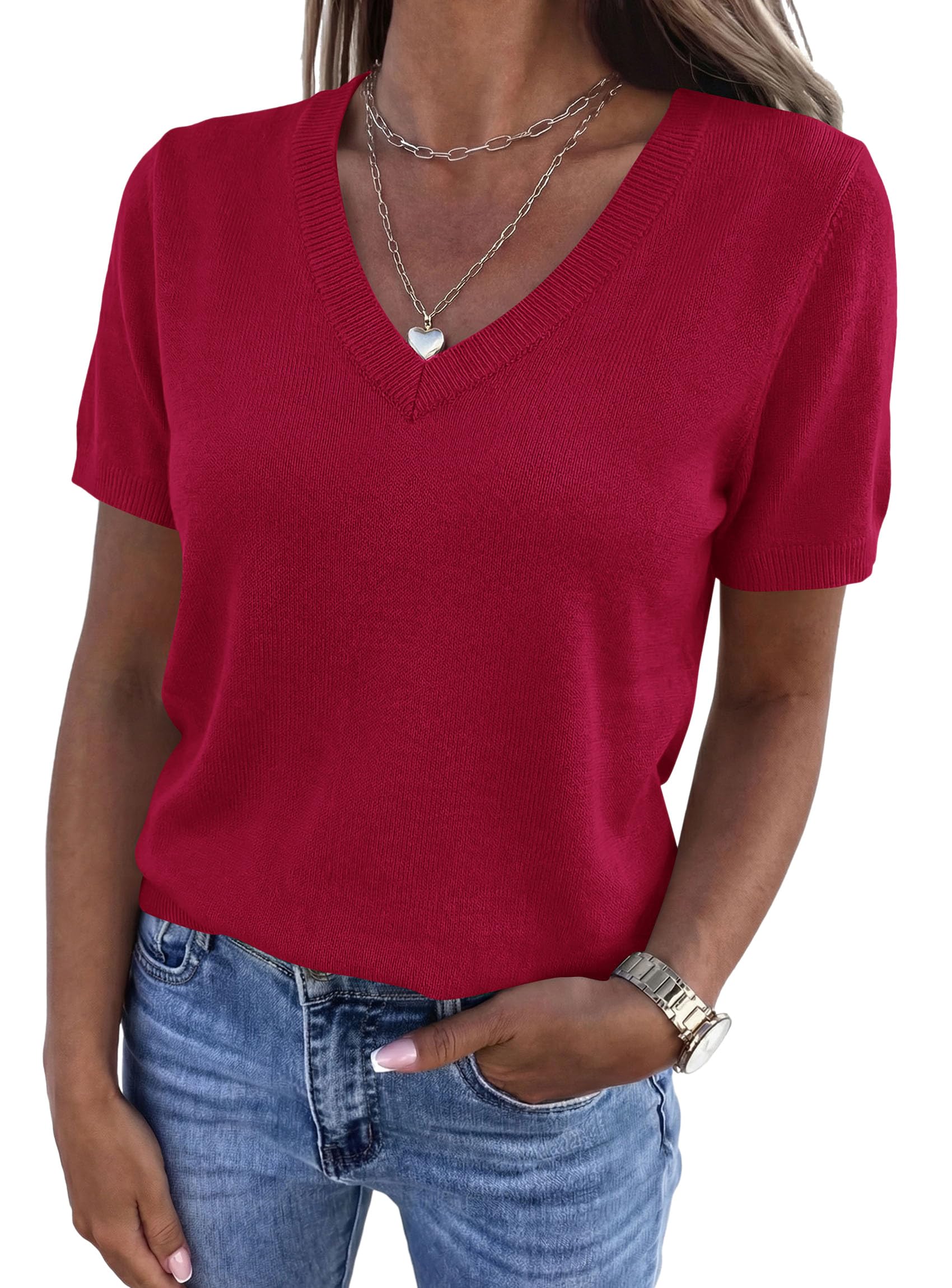 Womens Short Sleeve Sweater V Neck Tops,Red,S