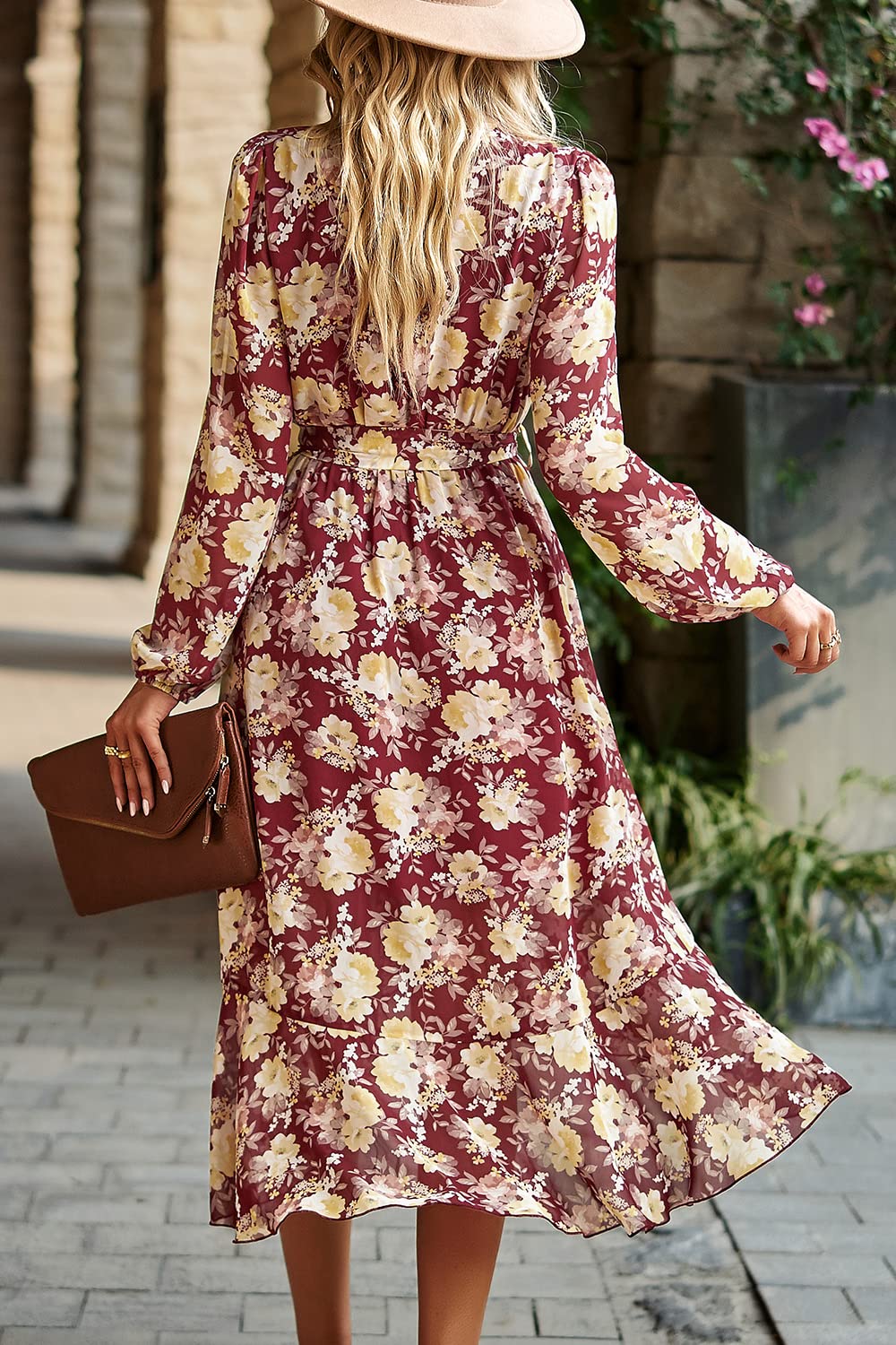 Women's Floral Boho Long Sleeve Maxi Dress, Floral Wine Red,S