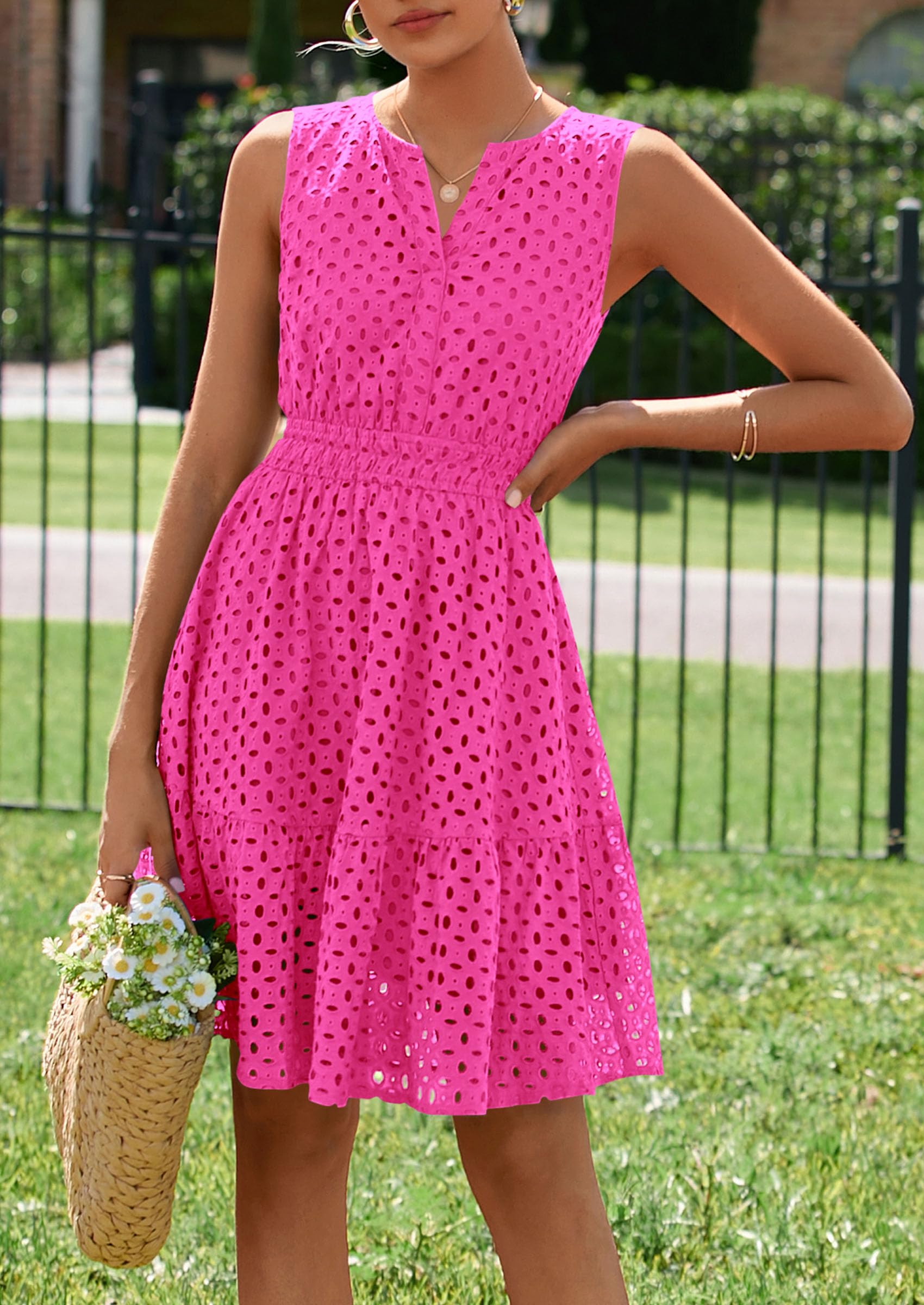Women's Summer Eyelet A Line Short Dresses,Rose Red,S